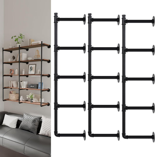 Industrial Pipe Shelf Brackets Wall Mount, Open Black Pipe Shelving for Kitchen,Floating Shelf Brackets Mount,Open Bookshelf Brackets for Shelves,Wall Shelves 12 Inch Deep,(2PcsX3Tier,61" Tall)
