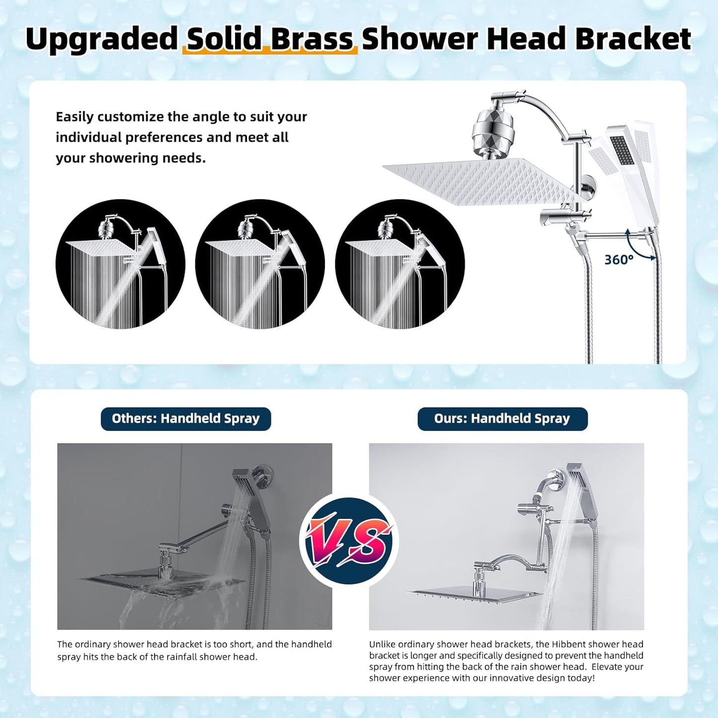 Hibbent All Metal 12'' Filtered Rainfall Shower Head with Handheld Combo, High Pressure Shower Wand, 16'' Adjustable Arc Extension Arm, 20 Stage Shower Filter, 71'' Hose, Shower Head Holder, Chrome