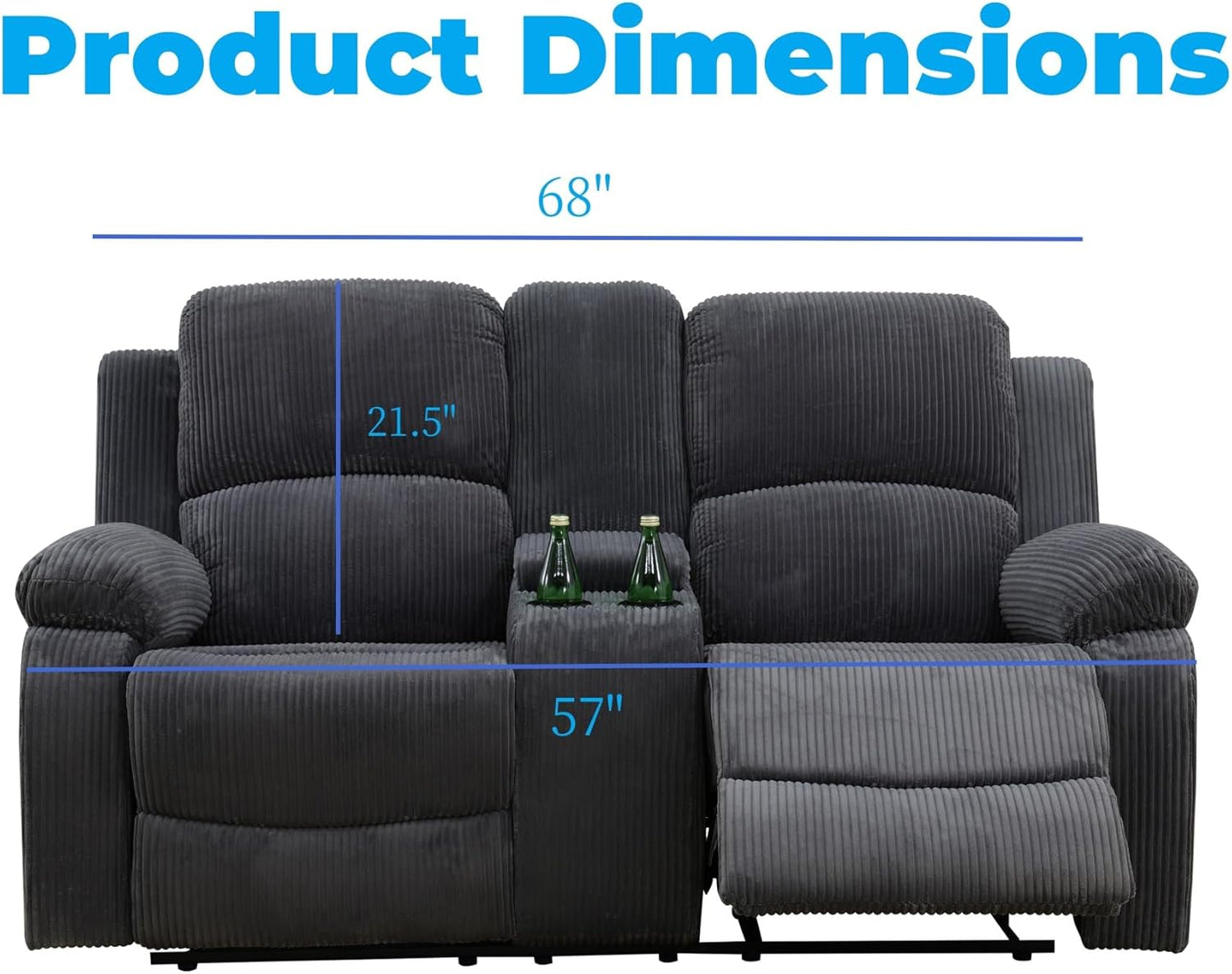 Loveseat Recliner Sofa, Reclining Loveseat Couch with Storage Console, Modern Comfy Home Theater Seating Power Recliner Chair with Cup Holders for Living Room Furniture Sets, Grey