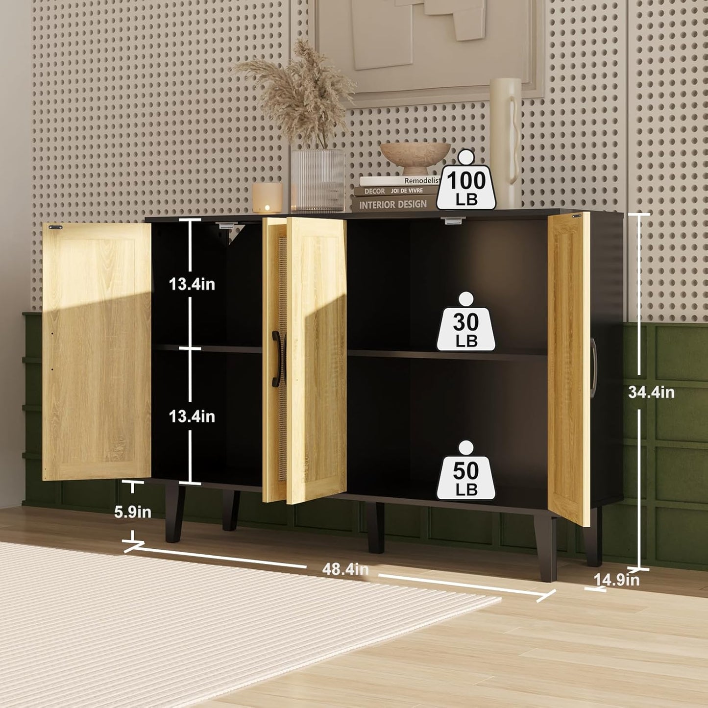 Storage Cabinet with Rattan Trim - 4 Door Sideboard Buffet Cabinet with Storage, Accent Cabinet with Shelves for Bathroom, Coffee Bar, Kitchen, Living Room, Hallway (Black)