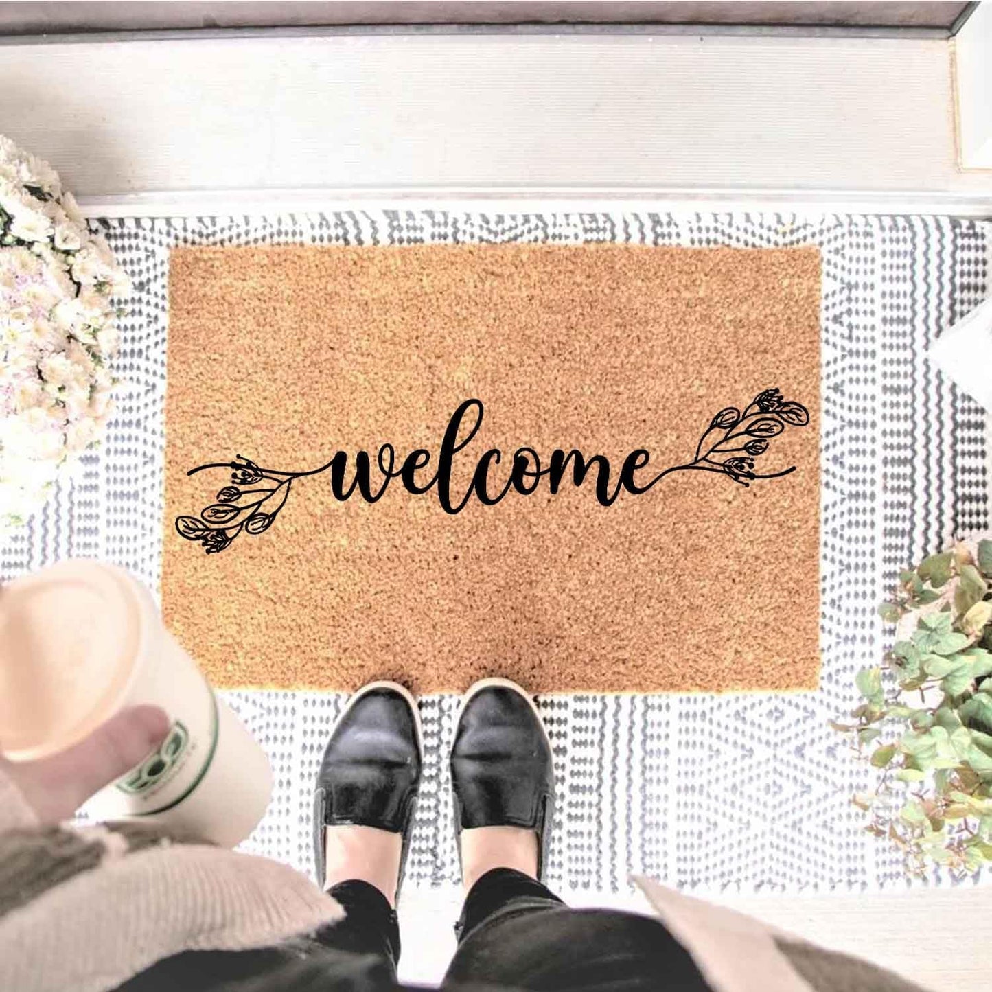 Funny Coir Doormat with Welcome Floral Design Botanical Theme - Front Door Mat, Entryway Welcome Mat, 23.7 x 15.7 inch