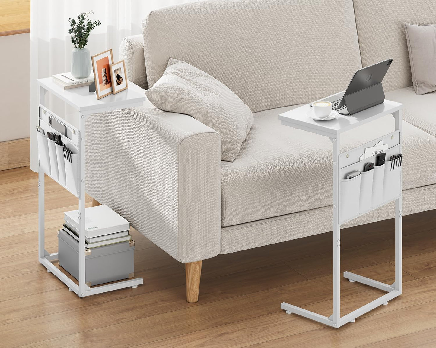 Vagusicc C Shaped End Table, Set of 2, Small Side Table for Couch, Couch Side Table TV Tray Arm C Tables for Small Space, Sturdy Slide Under Sofa Tables with Metal Frame for Living Room Bedroom, White