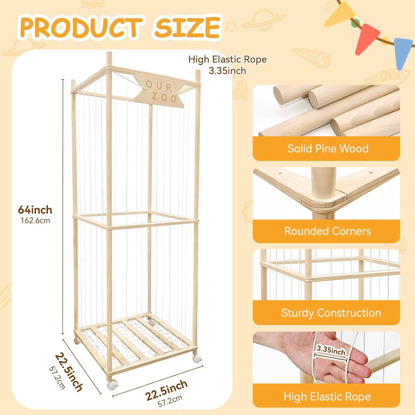 Stuffed Animal Storage Zoo with Wheels, Wooden Large Stuff Animals Plushies Holder Toy Organizer Kids Plush Storage Cage with Elastic Band and Net for Nursery Playroom Corner for Toddler