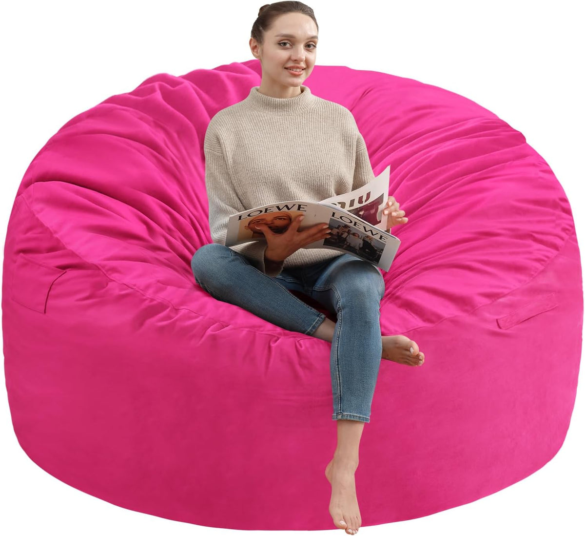 5FT Bean Bag Chair, Large Bean Bag Chairs with Memory Foam Filled, Fluffy Beanbag Sofa with Dutch Velvet Cover, Round BeanBag Chairs for Living Room, Playroom - Pink