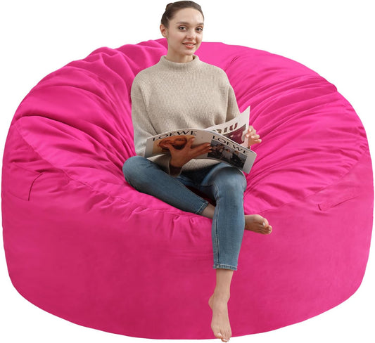 6FT Bean Bag Chair, Large Bean Bag Chairs with Memory Foam Filled, Fluffy Beanbag Sofa with Dutch Velvet Cover, Round BeanBag Chairs for Living Room, Playroom - Pink