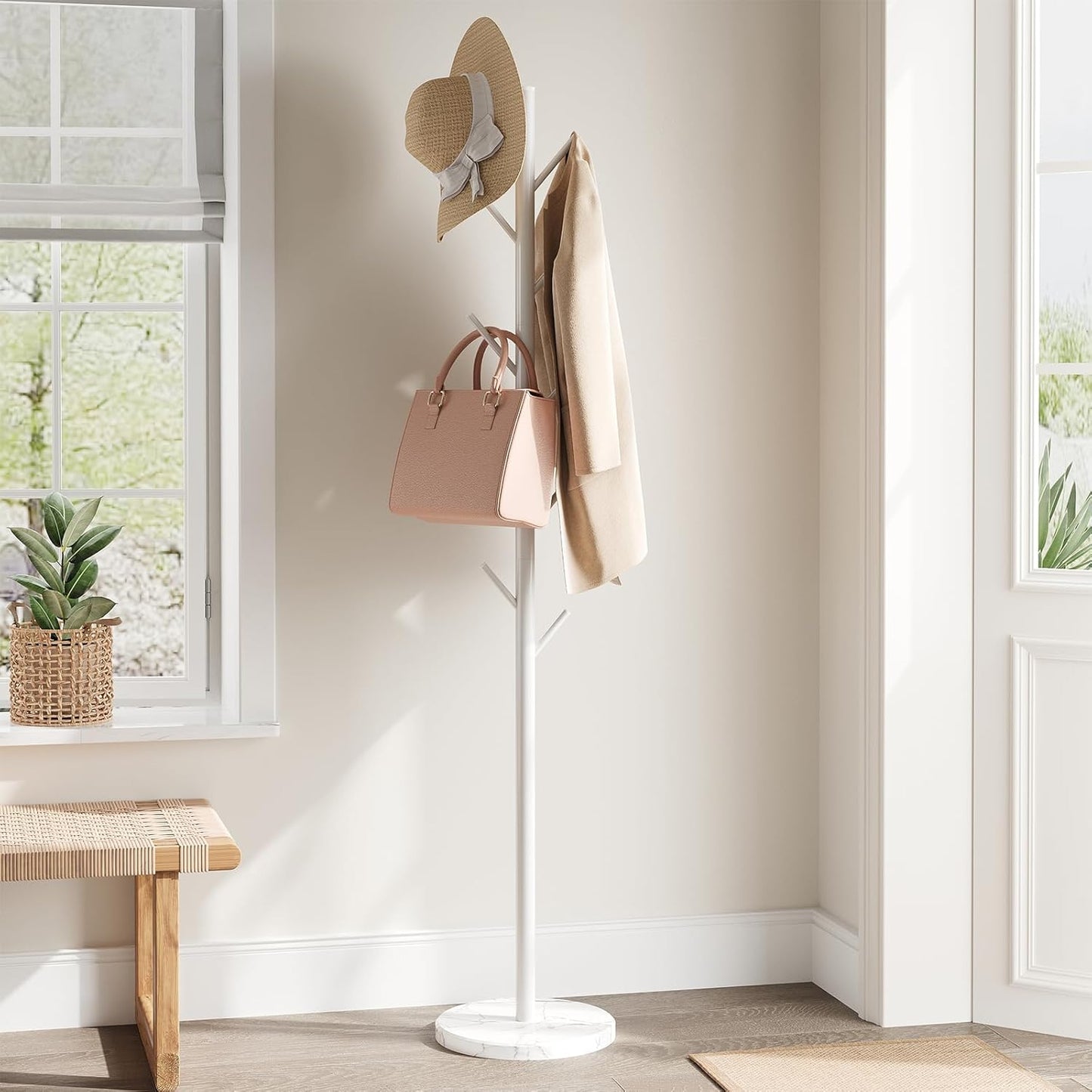 ELYKEN Coat Rack Freestanding with Natural Marble Base, Metal Coat Rack Stand with 10 Hooks, 3 Adjustable Size Coat Tree for Bags, Clothes, and Hats for Entryway, Bedroom, Hallway, Office, White