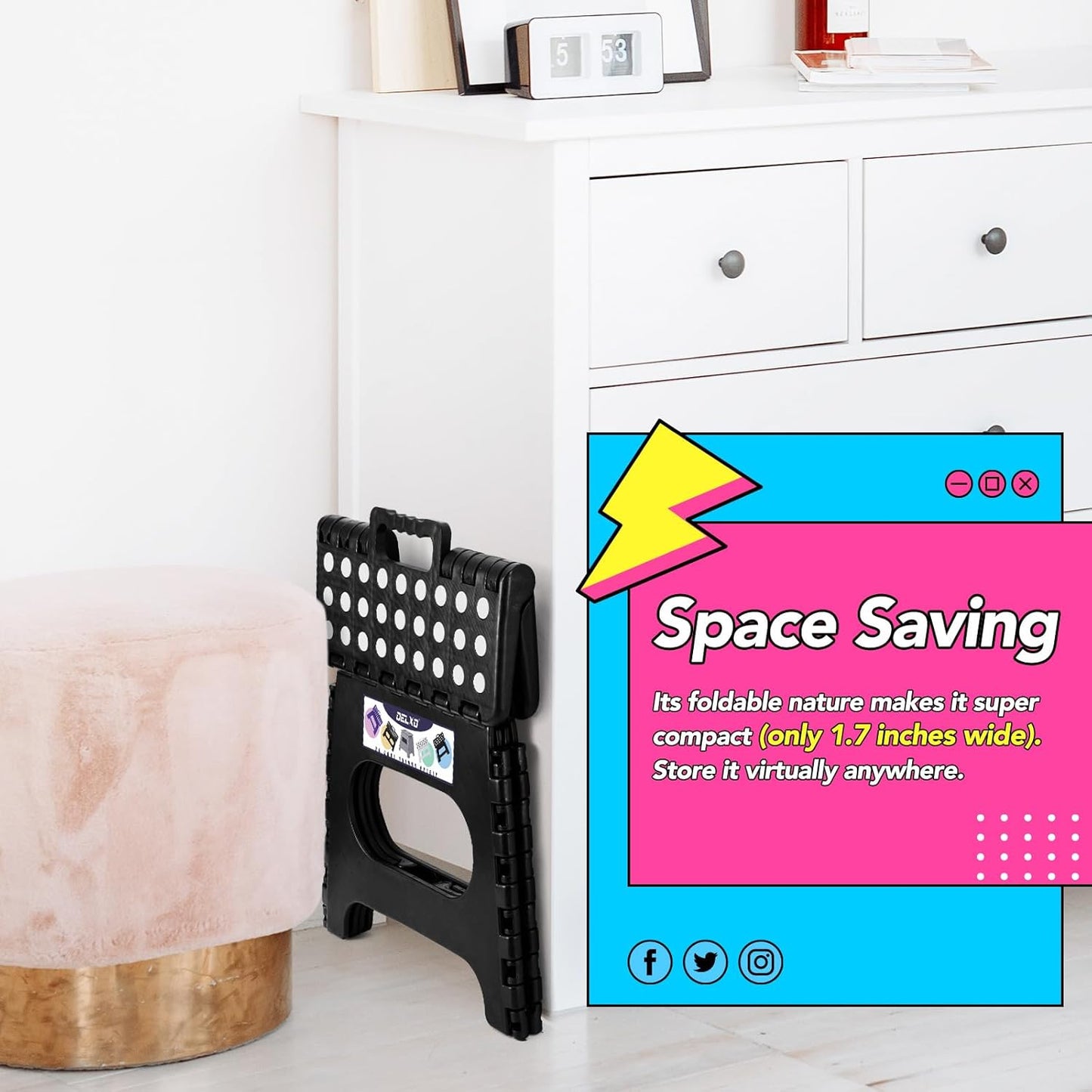 Delxo Folding Step Stool,11 Inch Non-Slip Foldable Step Stools,Portable Foldable Step Stool Lightweight Small Folding Stool with Handle for Kitchen Bathroom in Black,1 Pack