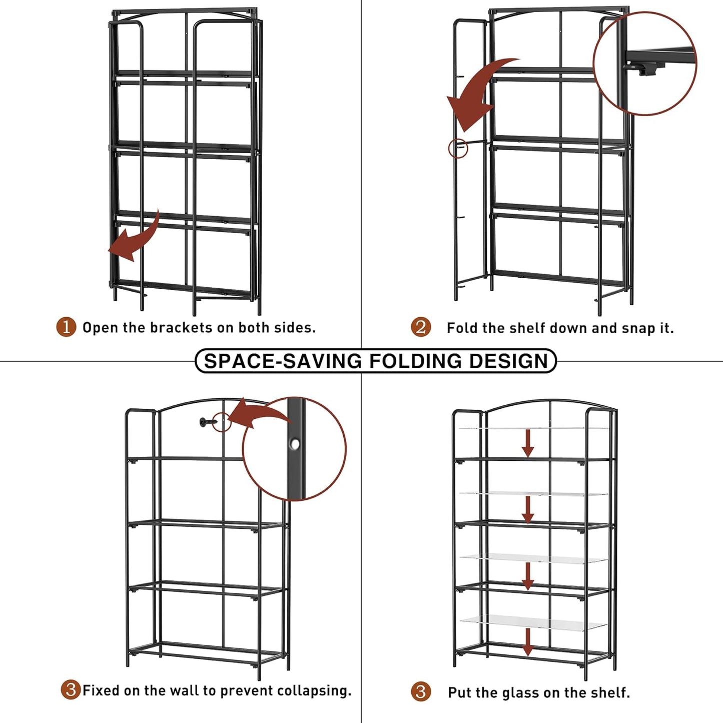 Crofy No Assembly Folding Bookshelf for Living Room, 4 Tier Black Collapsible Book Shelf for Home Office, Portable Bookcase Storage Organizer