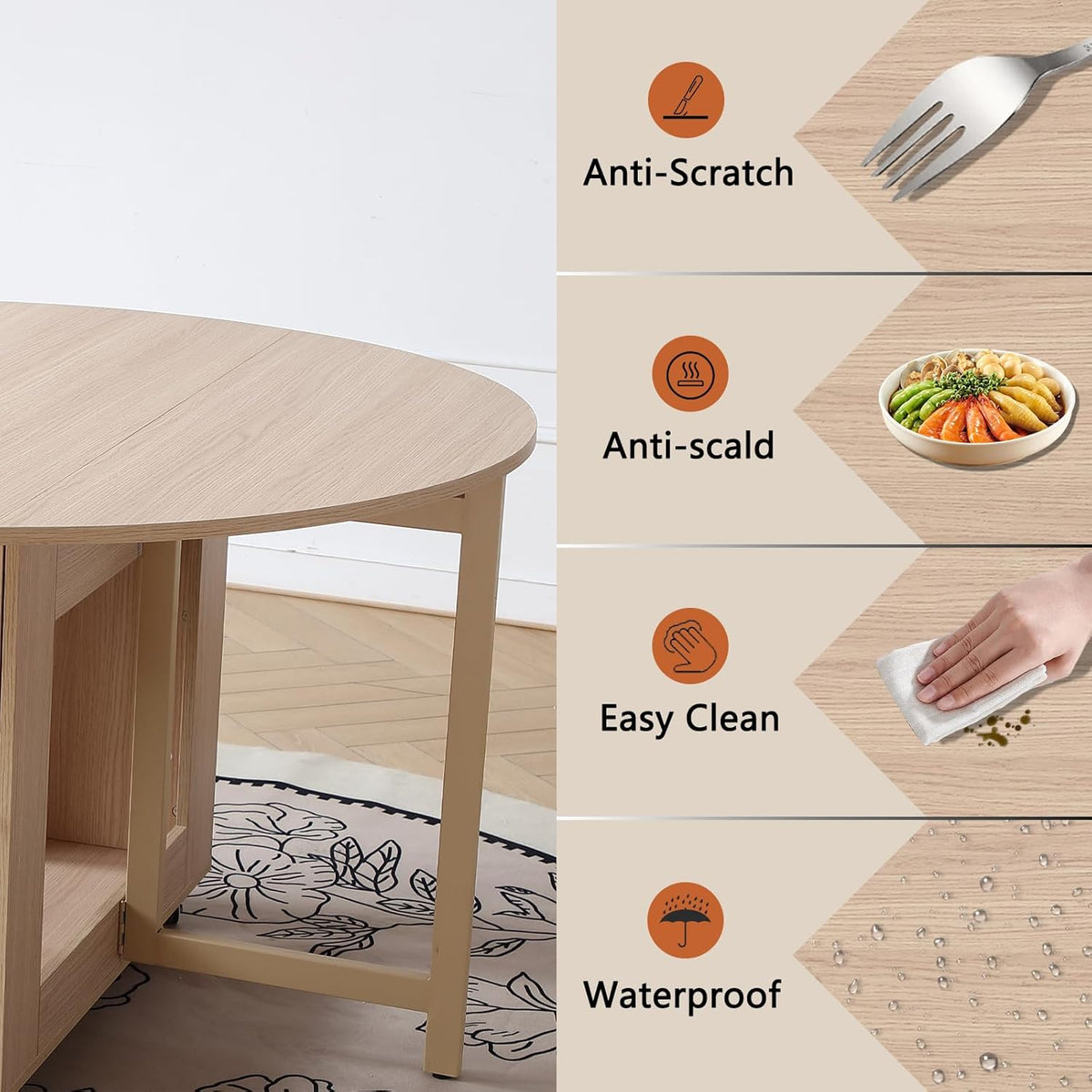 47.3" Round Folding Dining Table for 4-8, Wood Kitchen Foldable Dining Table Large Drop Leaf Dinner Table with Storage Shelf Metal Legs for Home Dining Room Living Room in Wood Color