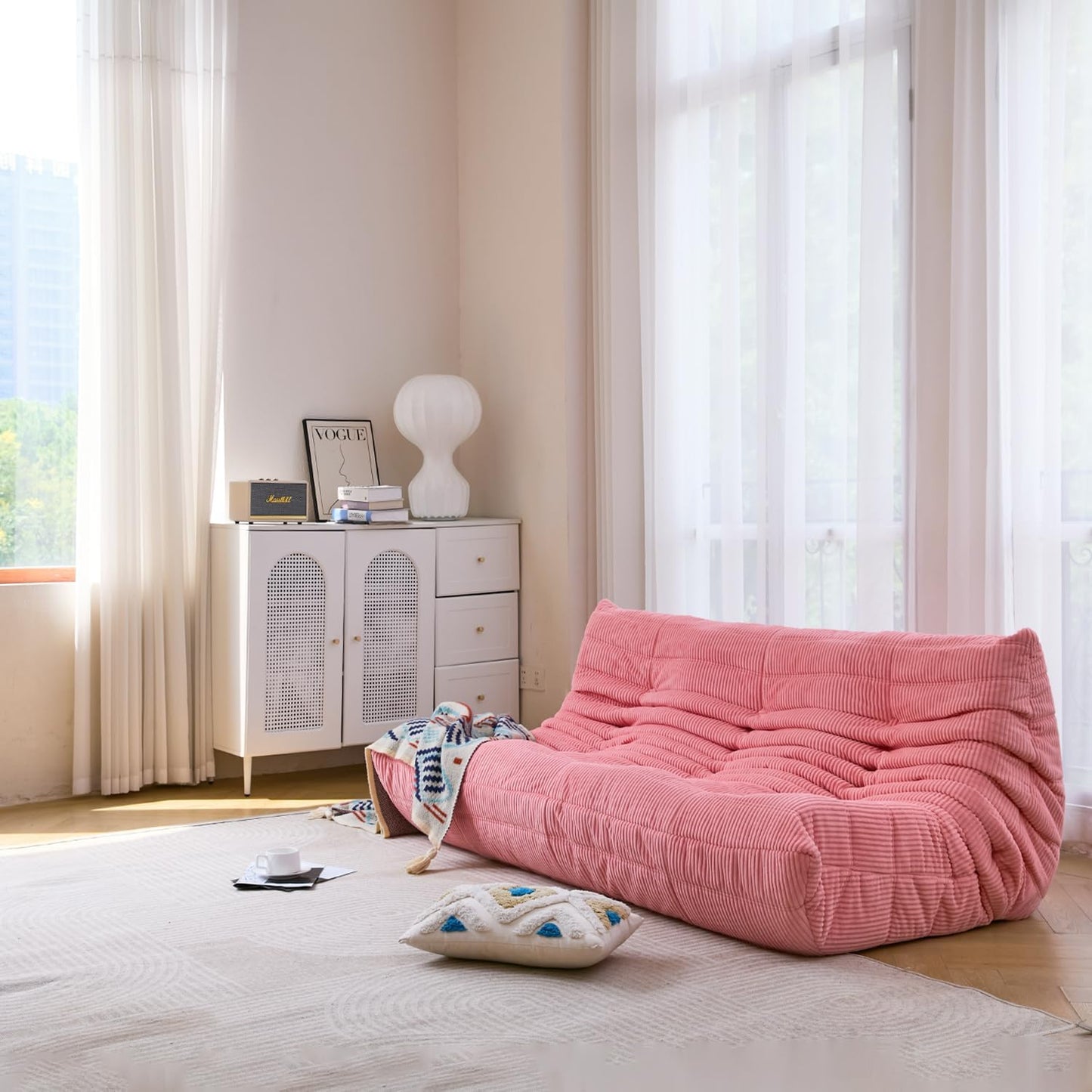 N&V Fireside Three Seater Sofa, Mid Century Armless Twin Size Floor Lounge Chair, Soft Premium Corduroy Floor Sofa, Accent Chair for Living Room, Bedroom (Salmon)