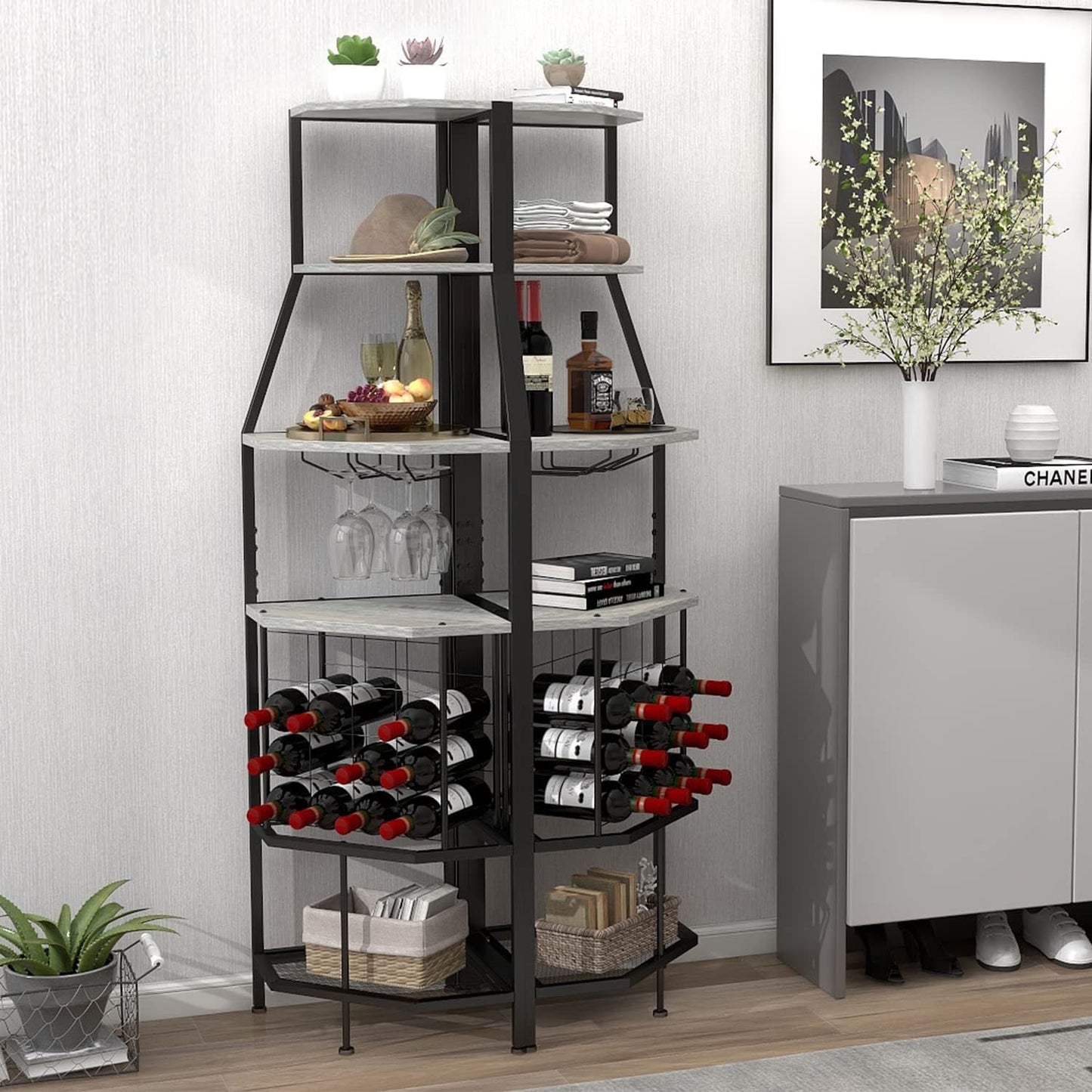 5-Tier Corner Wine Rack Floorstanding with Glass Holder and Bottles Wine Storage Home Bar Furniture for Home Kitchen Dining Room Industrial Metal and Wooden Corner Shelf