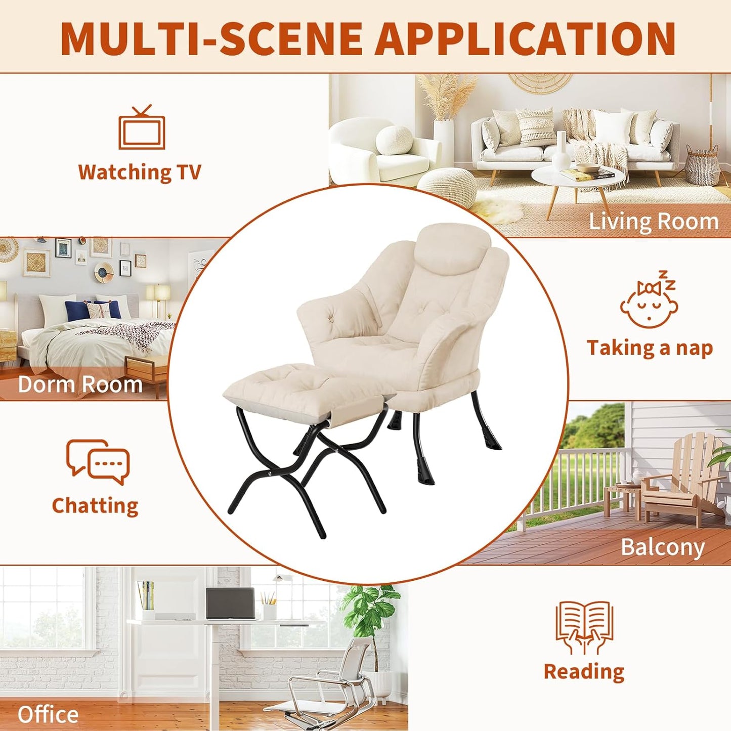IDEALHOUSE Lazy Chair with Ottoman - Modern Living Room Chairs for Small Spaces, Ergonomic Reading Chair with Armrests, Comfy Chair with Ottoman for Bedroom & Living Room, Beige