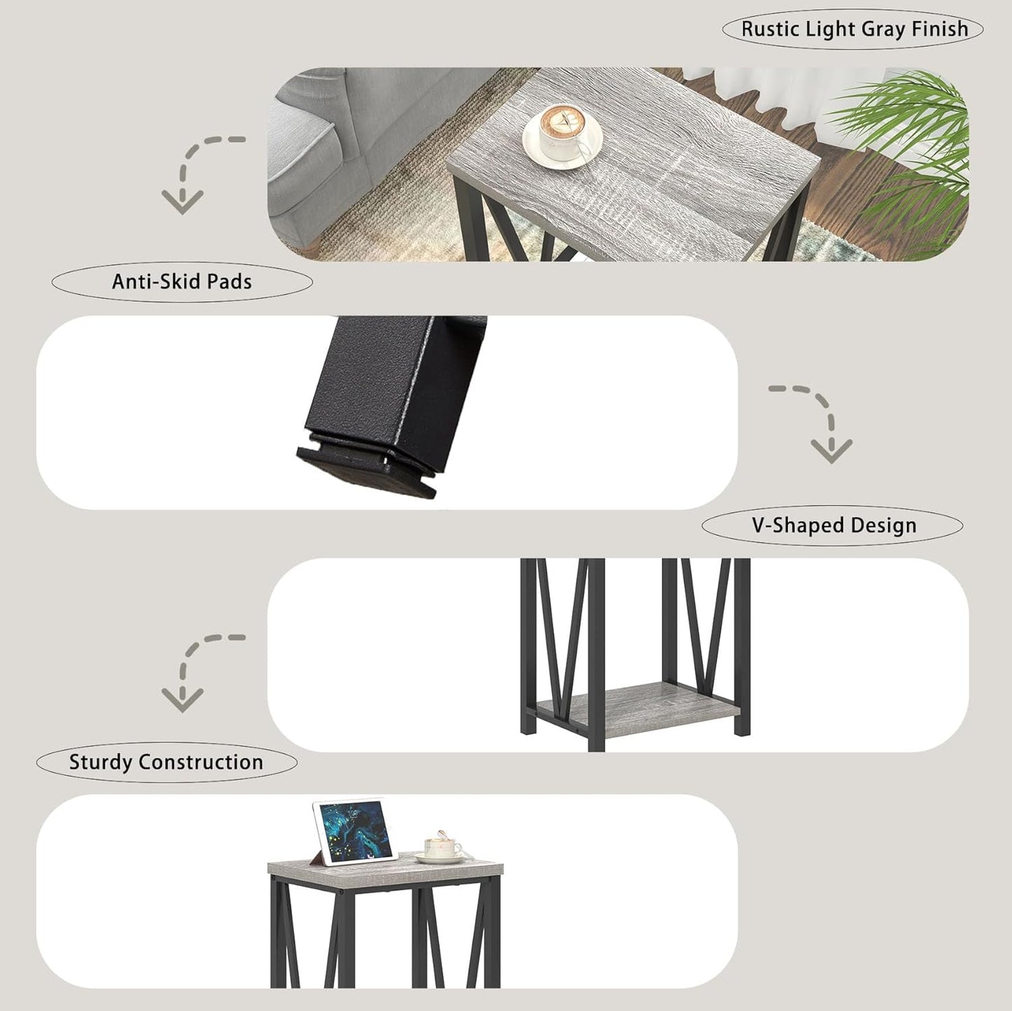 FOLUBAN End Table, Rustic Wood and Metal Side Table with Storage, Modern NightStand for Living Room Bedroom, Small Spaces, Light Grey