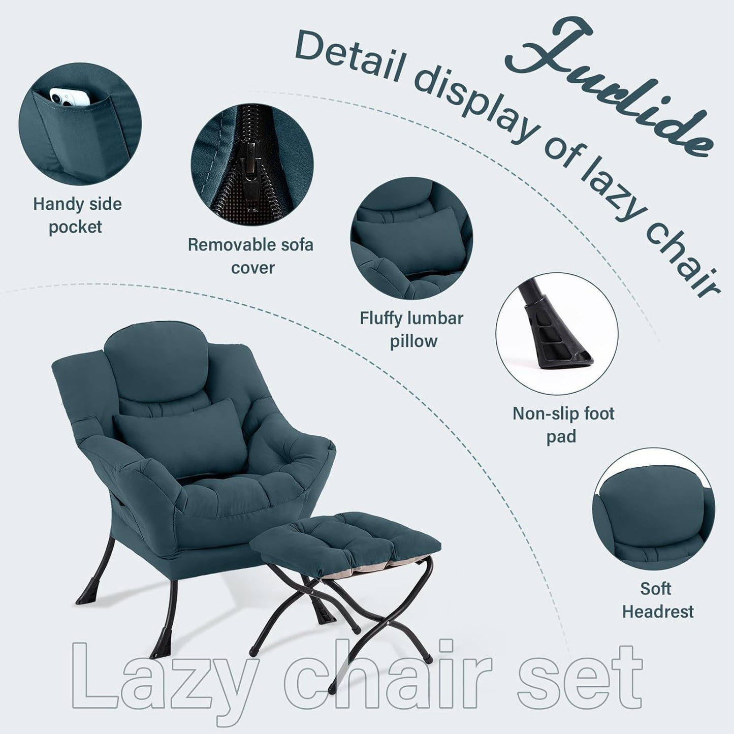 Lazy Chair with Ottoman, Modern Lounge Chair with Lumbar Pillow, Accent Cozy Reading Armchair and Folding Footstool for Bedroom, Dorm, Living Room,Peacock Blue