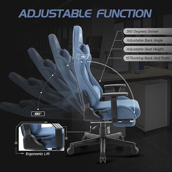 S*MAX Gaming Chair with Footrest Thicken Seat Black Gaming Chairs with 3D Armrest Gamer Chairs PU Leather Headrest and Lumbar Support High Back Gaming Chairs for Adults Deep Jeans Blue