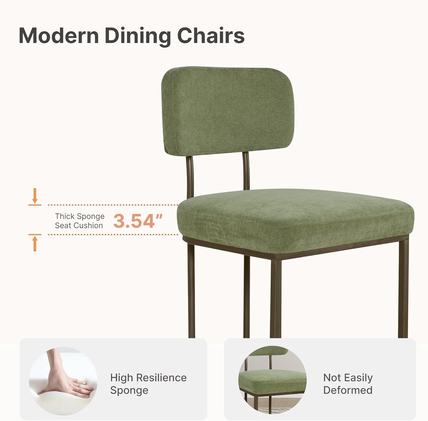 Dining Chairs Set of 6, Upholstered Modern Kitchen Chairs with Ergonomic Backrest, Fabric Cushion Seat & Metal Legs for Living Room, Restaurant, and Café, Green, 2Boxs