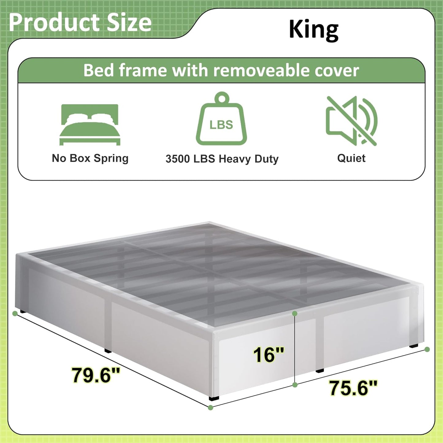 16 Inch King Size Bed Frame with White Skirt Cover, Metal King Bed Frame with Storage, No Box Spring Needed, Heavy Duty, Easy Assembly, Noise Free, Mattress Foundation