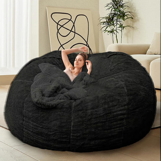 Bean Bag Chair for Adults Kids Without Filling Comfy Fluffy Giant Round Beanbag Lazy Sofa Cover for Reading Chair Floor Chair, 5FT, Black