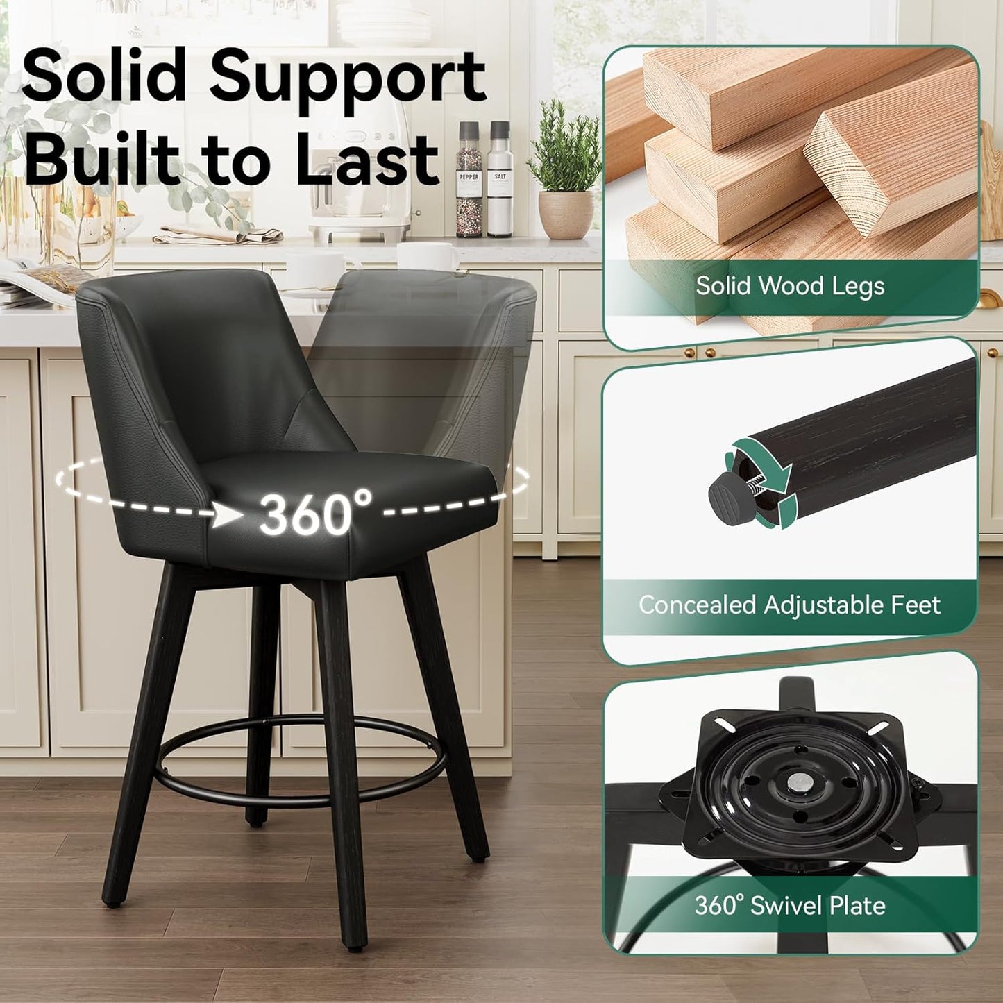 Vipbear Swivel Counter Height Bar Stools Set of 3,26.8" H Counter Stools with Back, Mid Century Modern Bar Stools for Kitchen Island,Faux Leather,Wooden Base, Black
