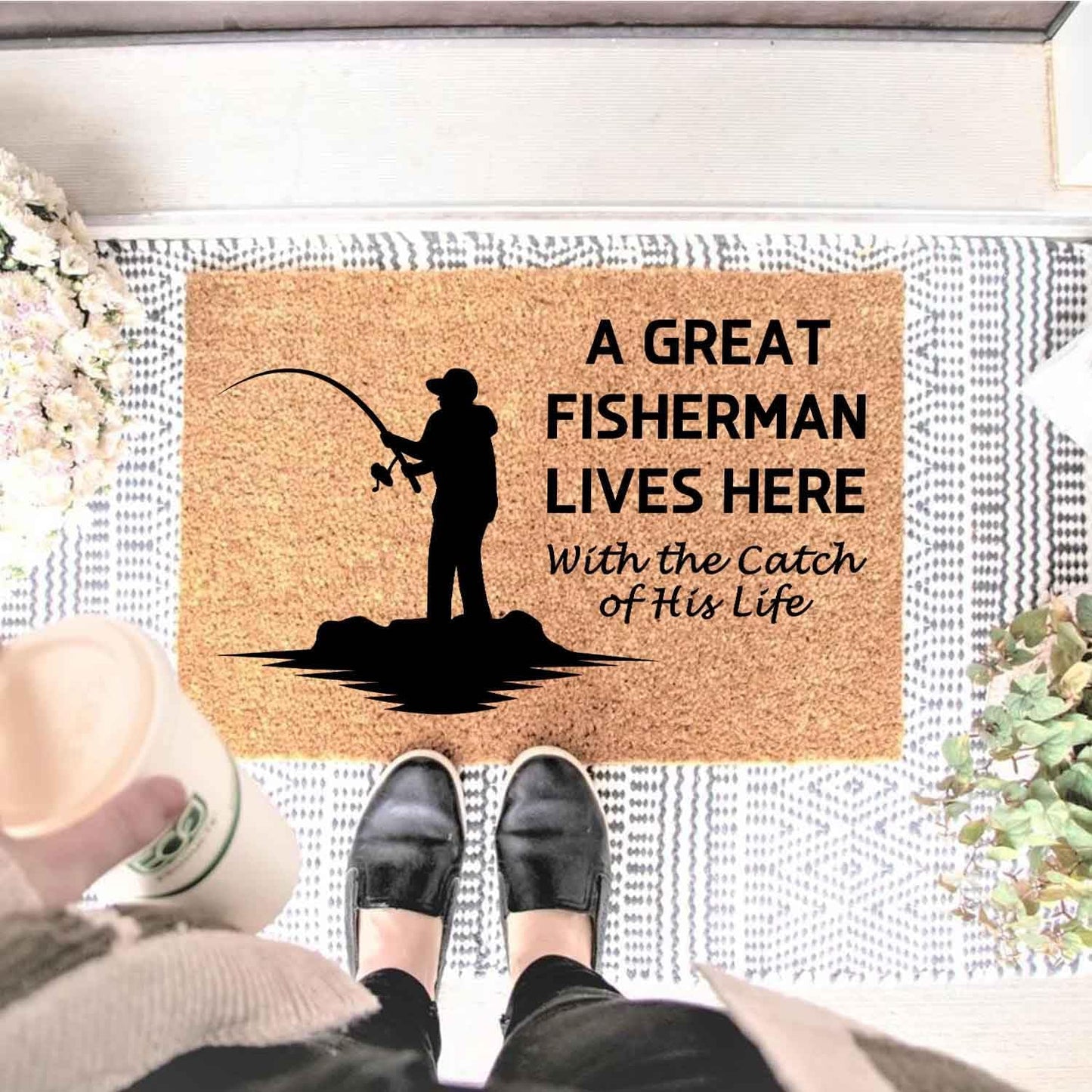 Funny Coir Doormat with A Great Fisherman Lives Here with The Catch of His Life - Front Door Mat, Entryway Welcome Mat, 23.7 x 15.7 inch
