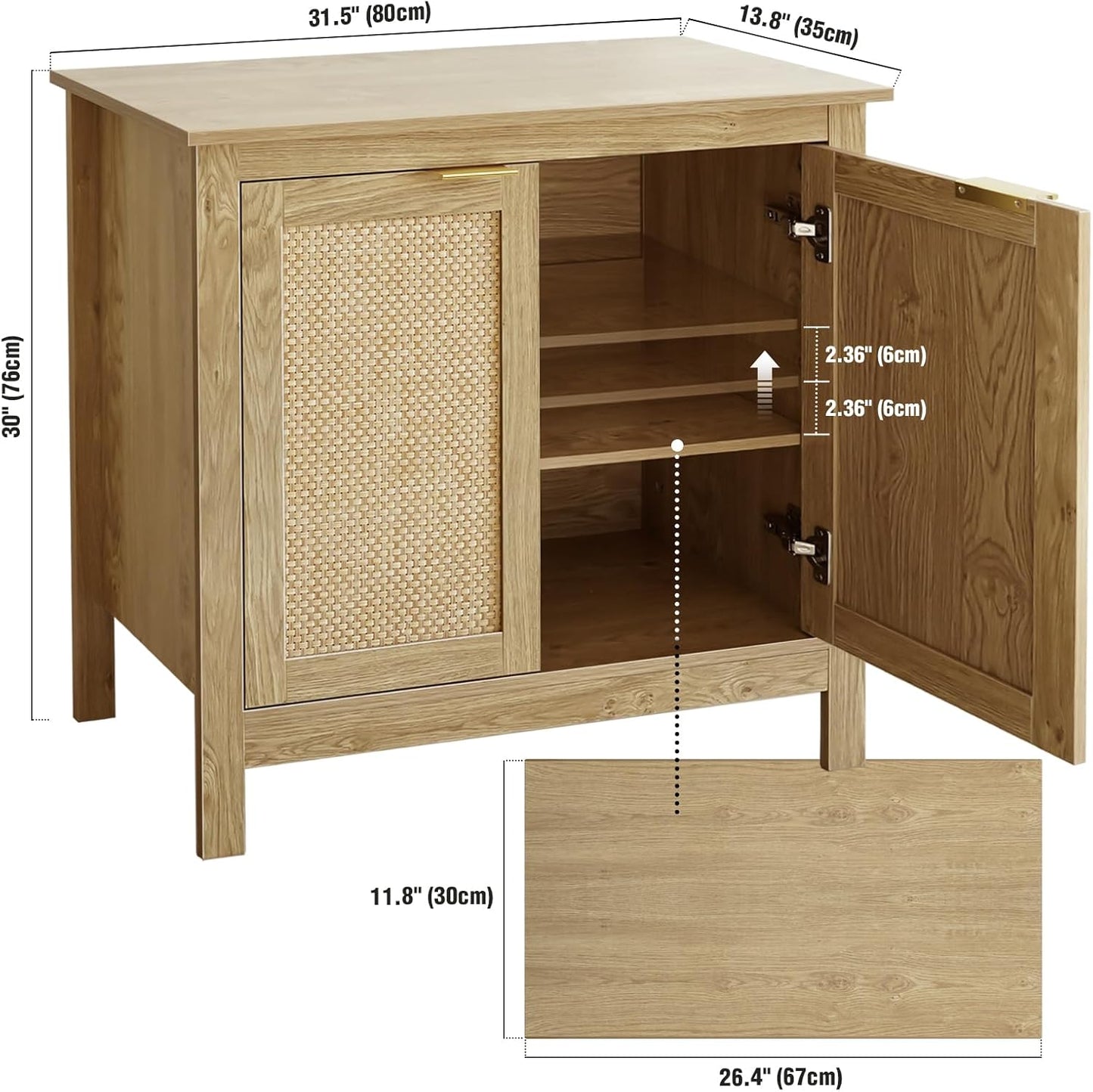 Giluta Sideboard Buffet Cabinet, Farmhouse Kitchen Cabinets with 2 Rattan Doors, 30''H Boho Cabinet for Entryway