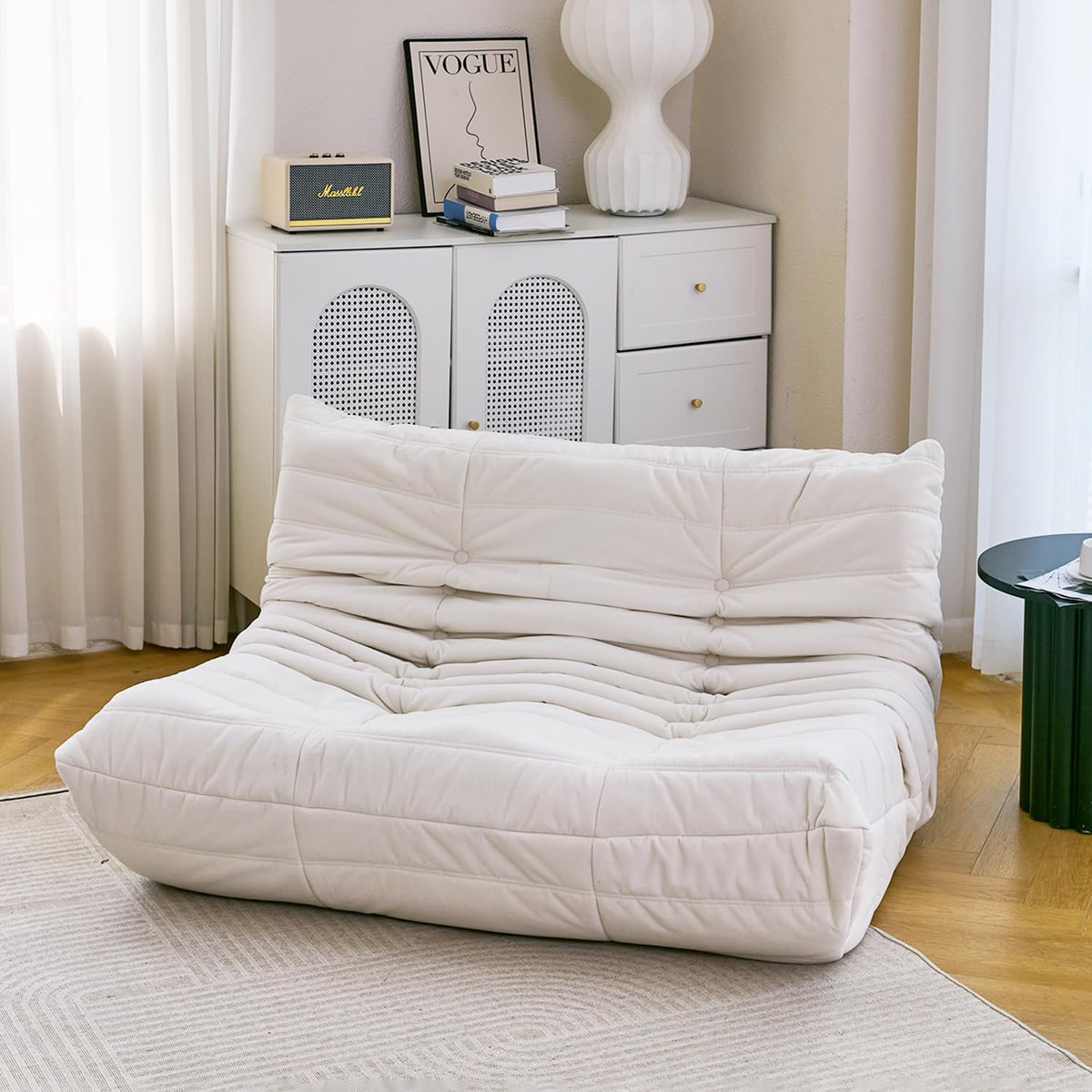 N&V Fireside Chair, Mid Century Armless Floor Sofa, Soft Premium Microfiber Floor Lounge Chair, Foam Sofa Accent Chair for Living Room Bedroom and Office, (Loveseat, Ivory)