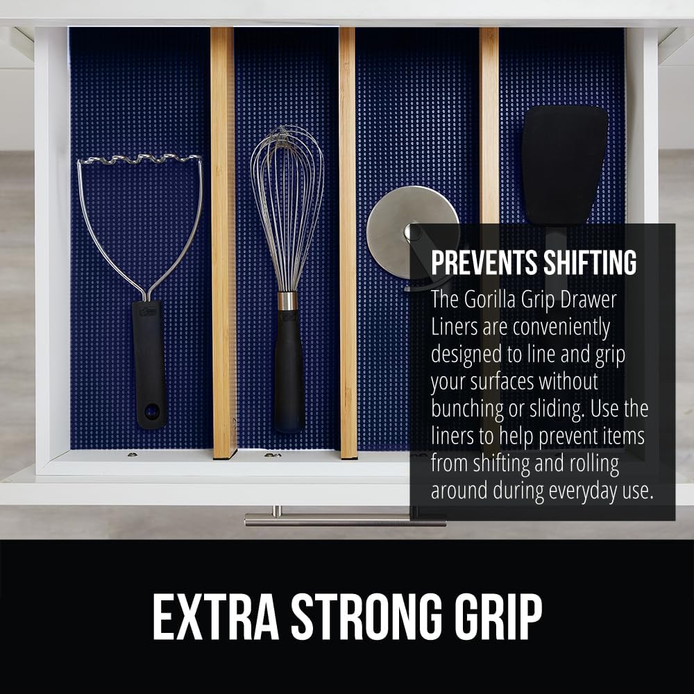 GORILLA GRIP powerGRIP Drawer Shelf and Cabinet Liner, Thick Strong Hold, Non-Adhesive Liners Protect Kitchen Cabinets and Cupboard, Bathroom Drawers, Easy Install, Breathable Mat, 12" x30', Navy Blue