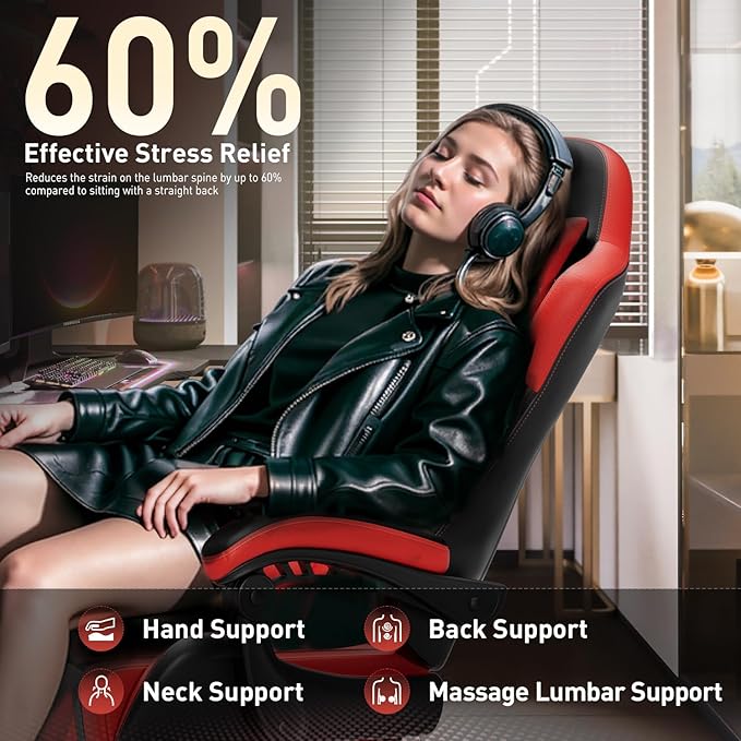 HLDIRECT Gaming Chair, Ergonomic Video Game Seat with 360° Swivel & Lumbar Massage, Computer Chair PU Leather Cushion for Adults Home/Office Use (Black & Red)