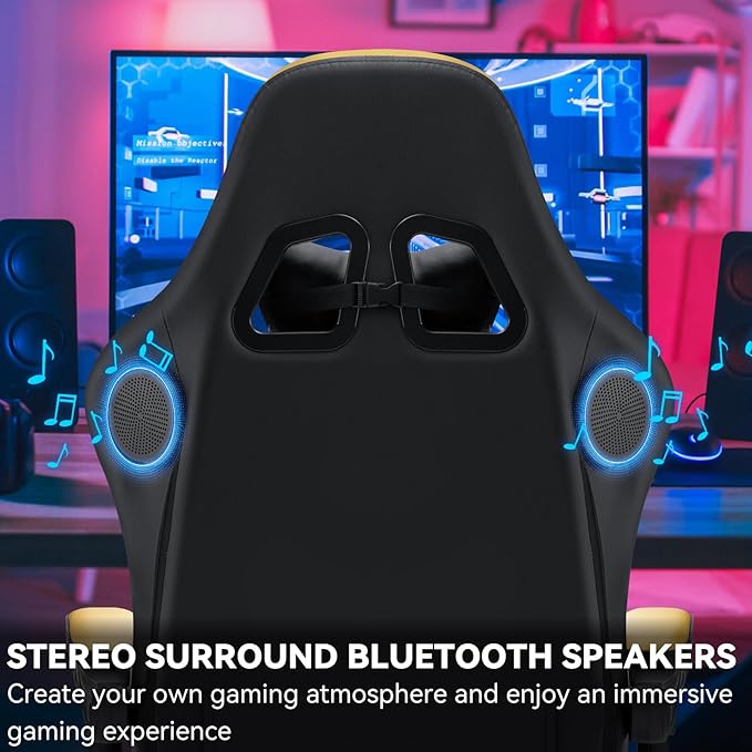 HOFFREE Gaming Chair with Speakers Massage Computer Gaming Chair with Pocket Spring Cushion for Adults Reclining Gamer Chair with Bluetooth Video Game Chairs with Footrest Gold and Black