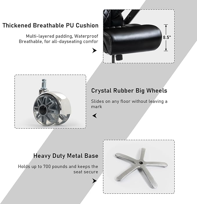 DYHOME 700LBS Heavy Duty Office Chair with 4d Armrest, Big and Tall Office Chair, Ergonomic Computer Chair with Airbag Lumbar Support, Wider Thicker Seat Cushion, PU Comfy Office Desk Chairs, Black