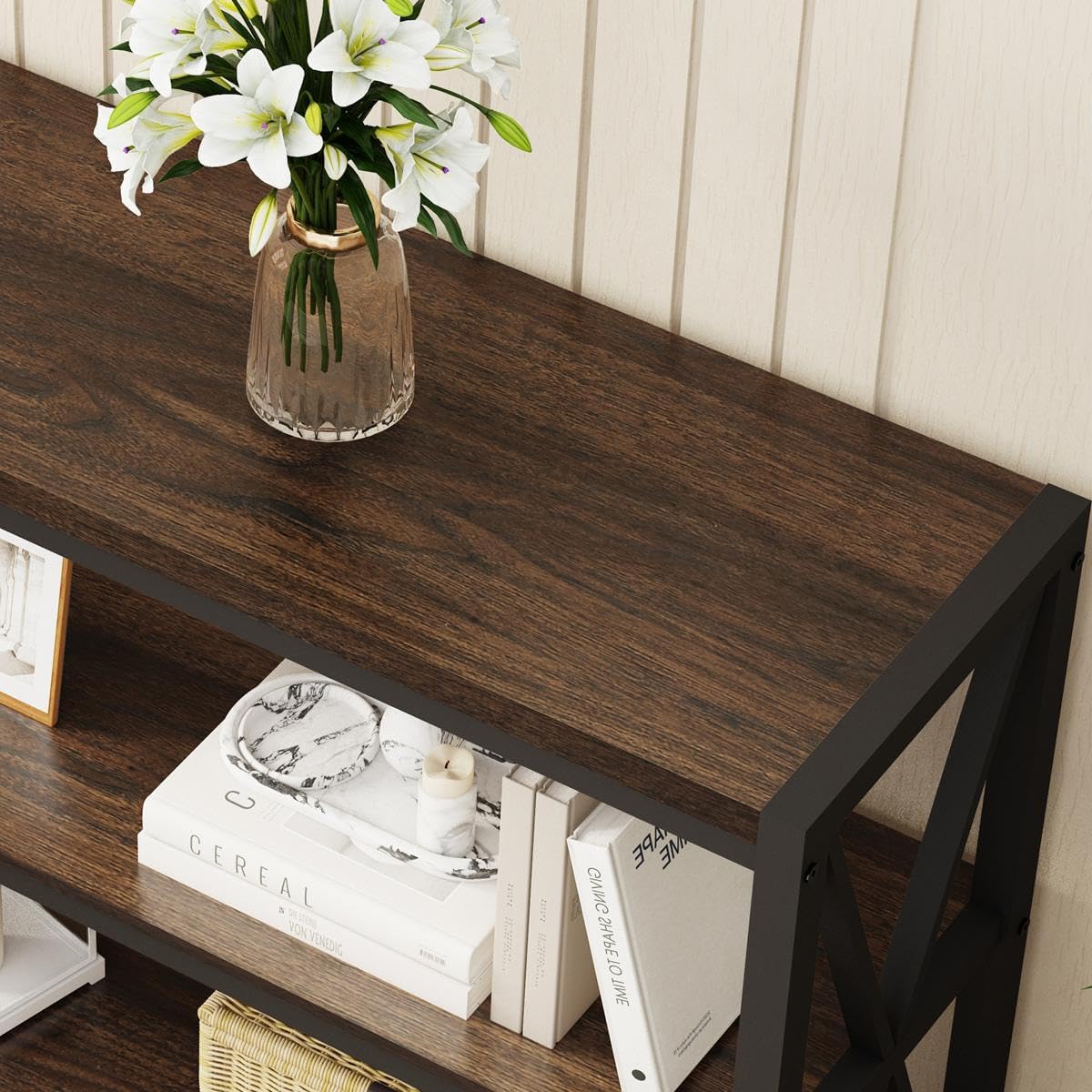 FATORRI Console Table for Entryway, Modern Entry Table with 3 Tier Shelves, Couch Tables Behind Sofa for Living Room (55 Inch, Dark Walnut)