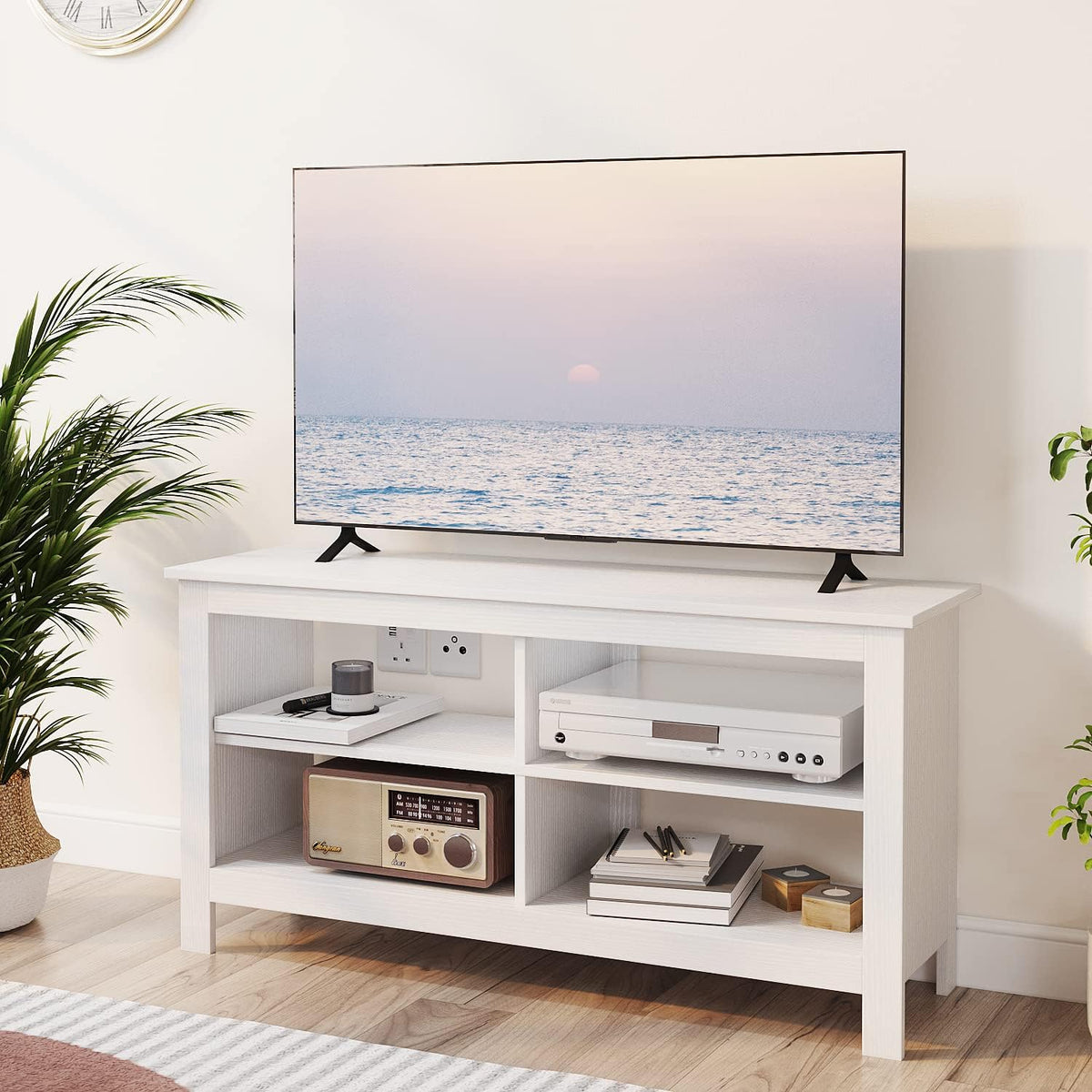 43 Inches TV Stand,Mid Century Modern Entertainment Center with 4 Open Shelves Farmhouse TV Media Console Table for Living Room,Bedroom,Television Stand up to 50 Inches(White)