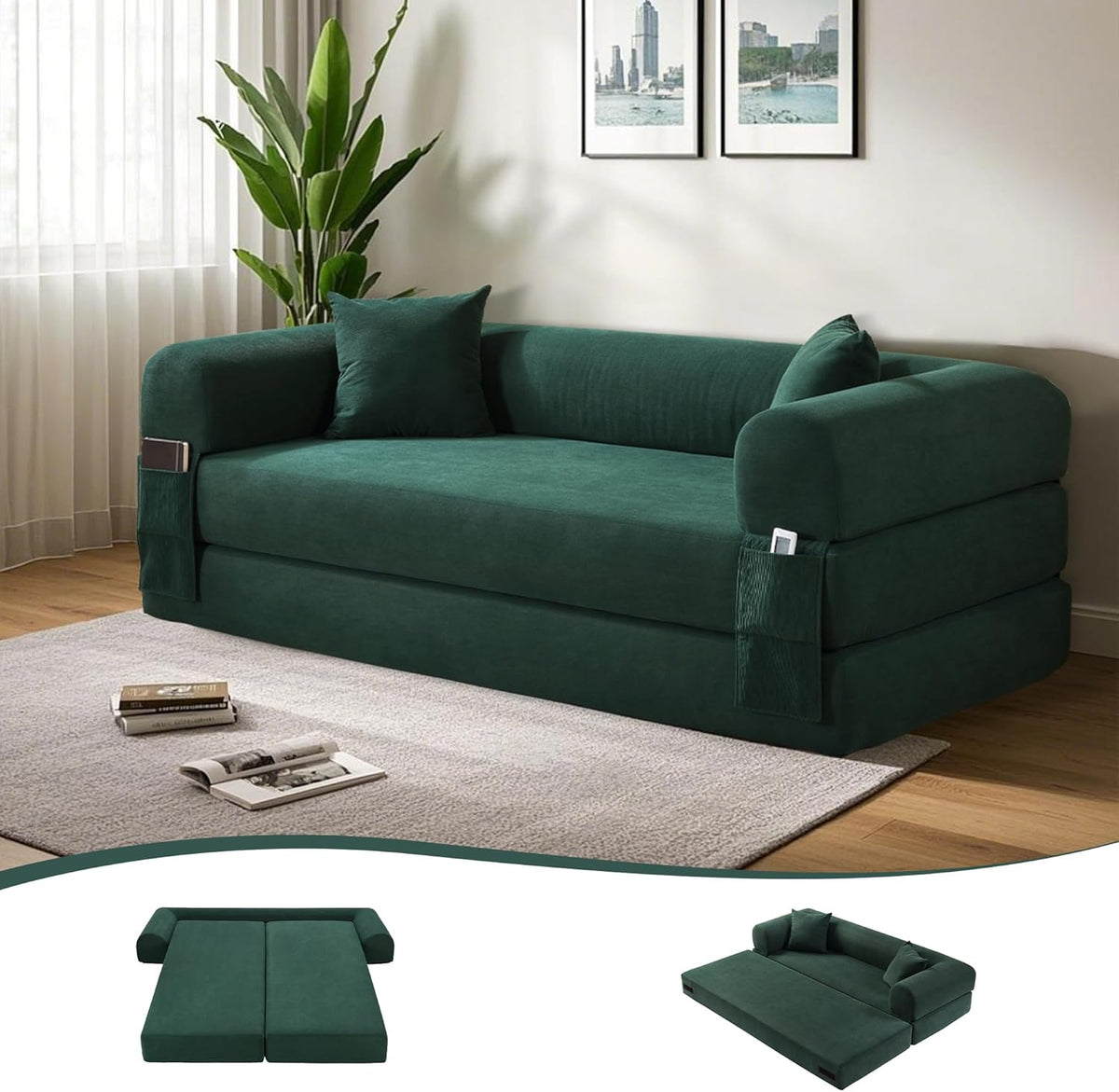 80" Convertible Sofa Bed, 3-in-1 Corduroy Folding Pull Out Couch with Pillows, No Assembly Modern Boneless Couch Compression Sofa in Box, Floor Sofa with Side Storage Pocket for Living Room,Dark Green