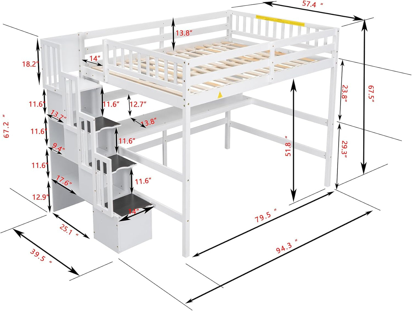 HomSof Full Size Loft Bed with Built-in Desk, Bookshelves and Storage Staircase,White