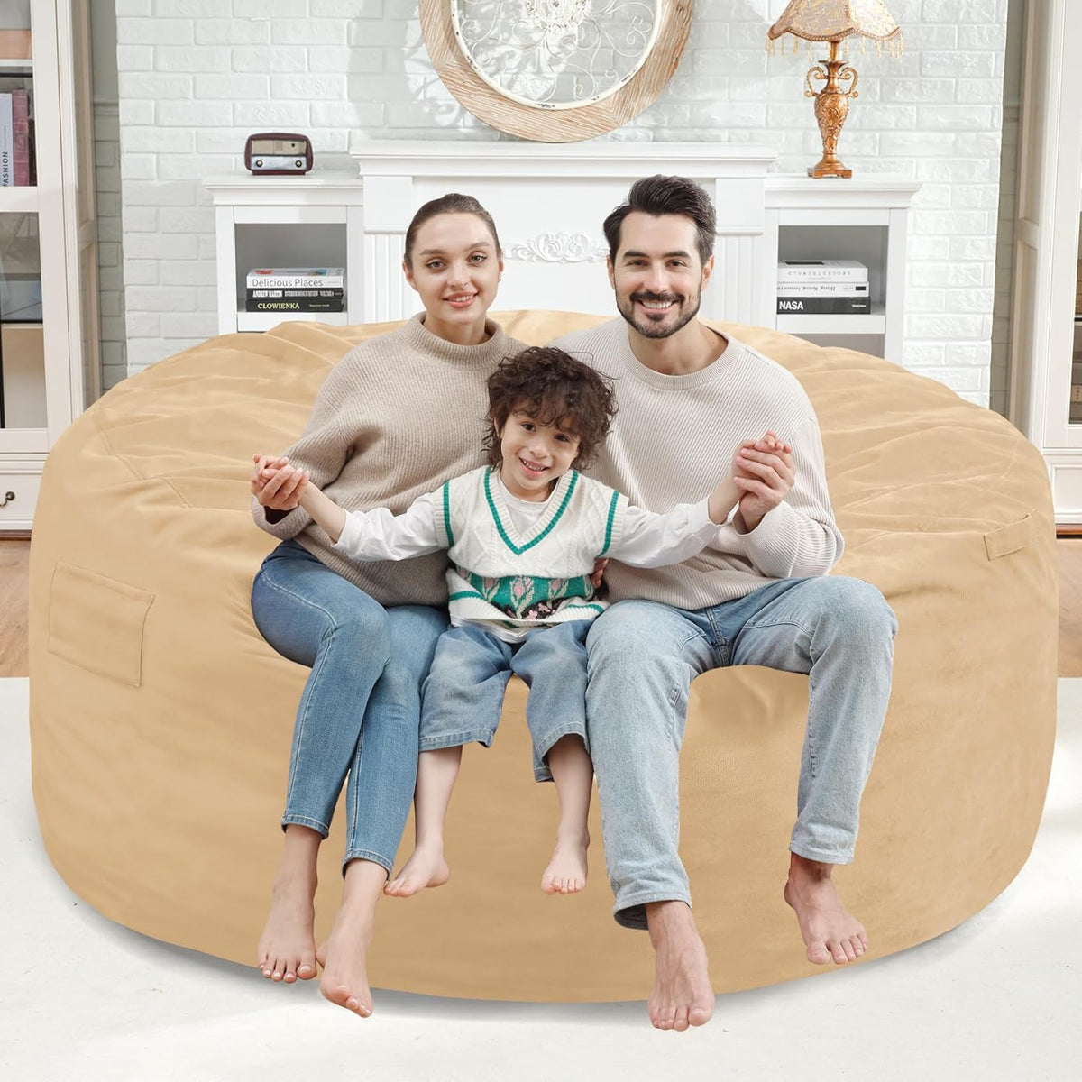 5FT Bean Bag Chair, Large Bean Bag Chairs with Memory Foam Filled, Fluffy Beanbag Sofa with Dutch Velvet Cover, Round BeanBag Chairs for Living Room, Playroom - Khaki