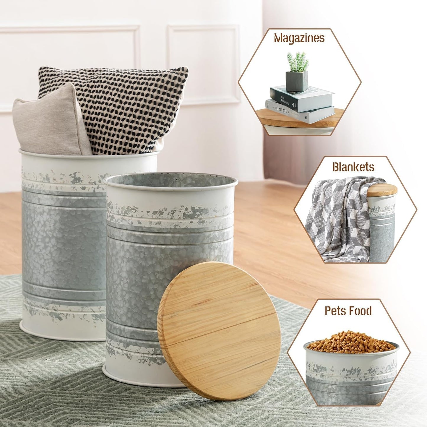 Glitzhome Farmhouse Accent Side Table, Metal Storage Stool Ottoman with Round Lid - Galvanized Coffee Cocktail End Tables Set of 2 for Living Room Bedroom, Distressed White