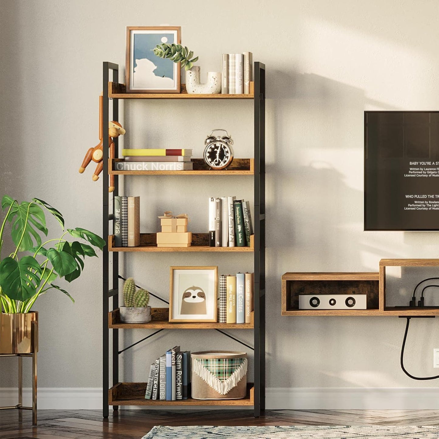 Rolanstar Bookshelf 5 Tier with 4 Hooks, Industrial Wood Bookcase, Vintage Storage Rack with Open Shelves, Rustic Standing Bookshelves Display Rack for Living Room, Bedroom, Rustic Brown