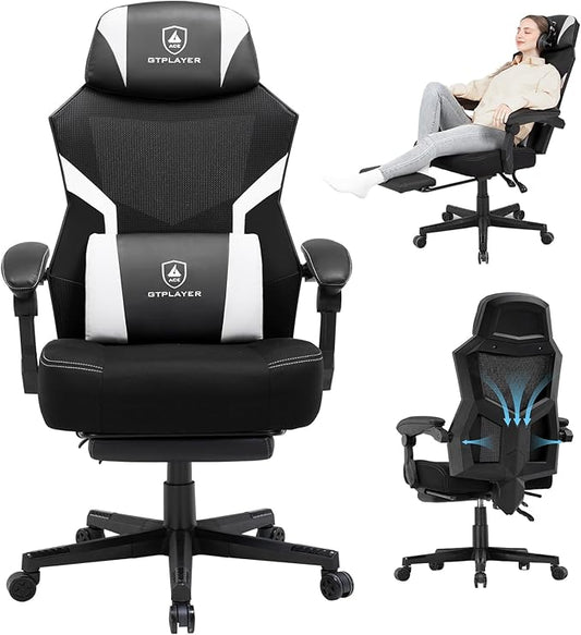 GTPLAYER Gaming Chair, Mesh Office Chairs with Footrest for Adults, Big and Tall Gamer Ergonomic Computer Chair with Height Adjustable (White)