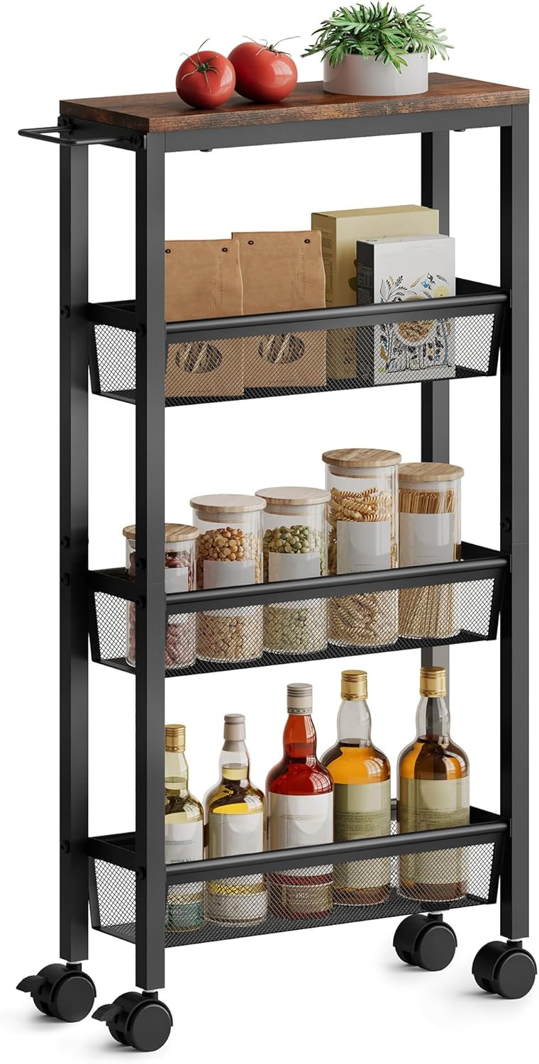 Hoctieon Slim Rolling Storage Cart, 4-Tier Narrow Kitchen Storage Cart with Handle & Wheels, Mobile Shelving Unit, Wooden Top & Metal Frame, Utility Cart for Kitchen, Small Spaces, Rustic Brown