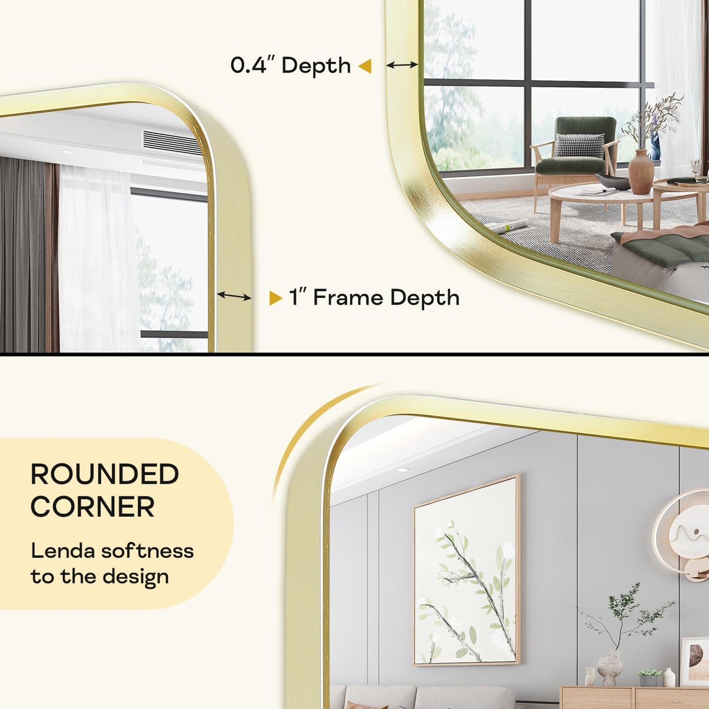 Wall Mount Mirror for Bathroom, Brushed Gold Metal Framed Rounded Corner Rectangular Vanity Mirror (18" x 24", Gold)