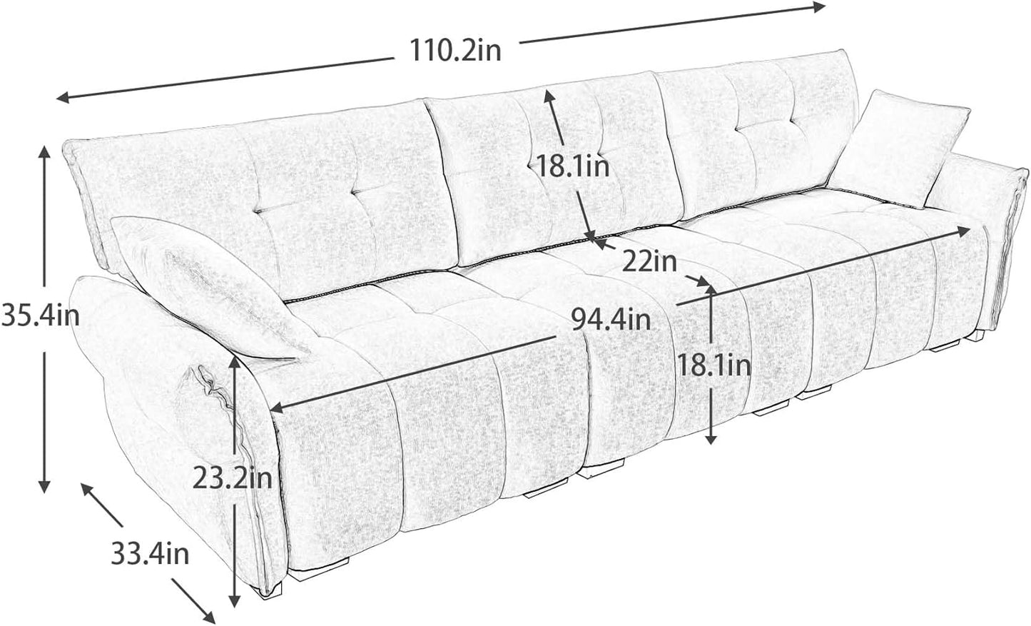 Modern Chenille Fabric 3-Seat Sofa w/ 2 Pillows, Premium Upholstery Living Room Couch with Tufted Backrest & Comfortable Armrests and High-Resilience Memory Foam Cushions,White