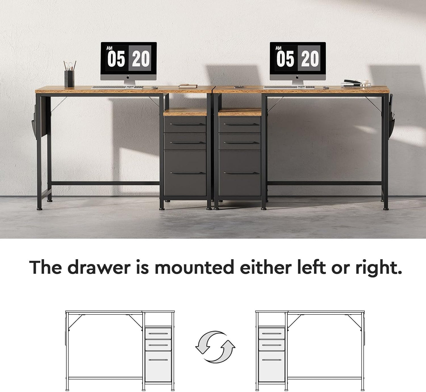 Ｍａｉｈａｉｌ Maihail Small Desk with Drawers, 40 inch Computer Desk with Shelves, Writing Desk with Storage, Small Office Desk with Metal Frame, Rustic Brown