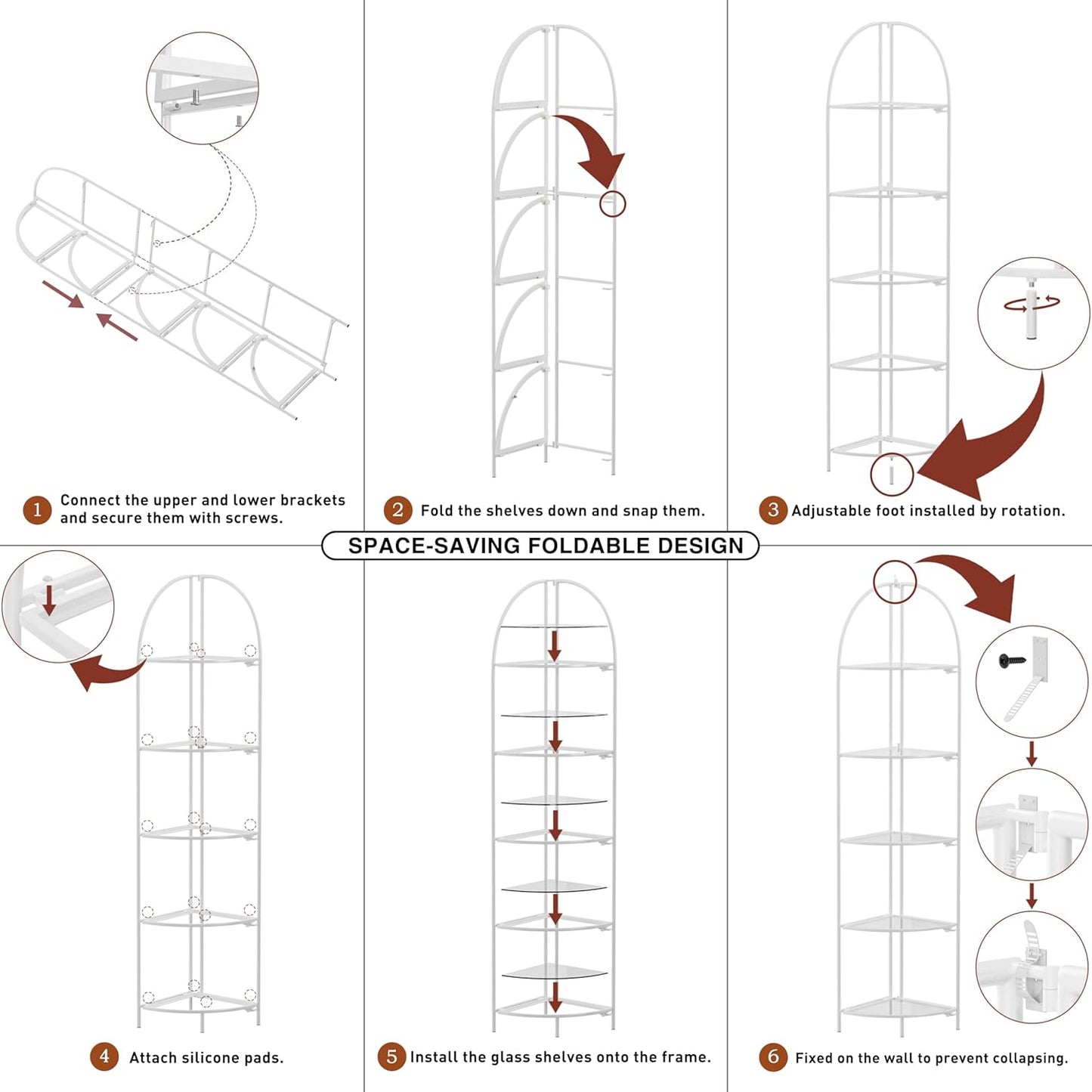 Crofy Foldable 5 Tier Corner Shelf, Metal Corner Plant Stand with White Frame and Transparent Shelves, Corner Display Rack Multipurpose Shelving Unit for Living Room, Bedroom, Bathroom