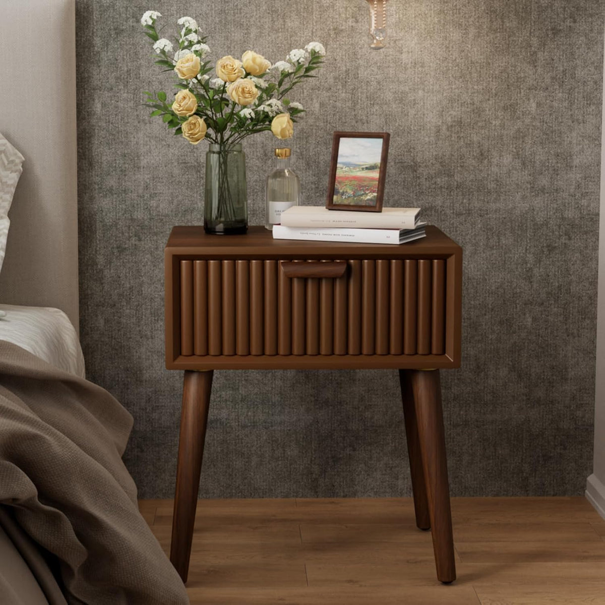 COSIEST Modern End Table w Striped Pattern, Mid-Century Nightstand w Storage Drawer, Small Wood Accent End Table for Bedroom, Living Room