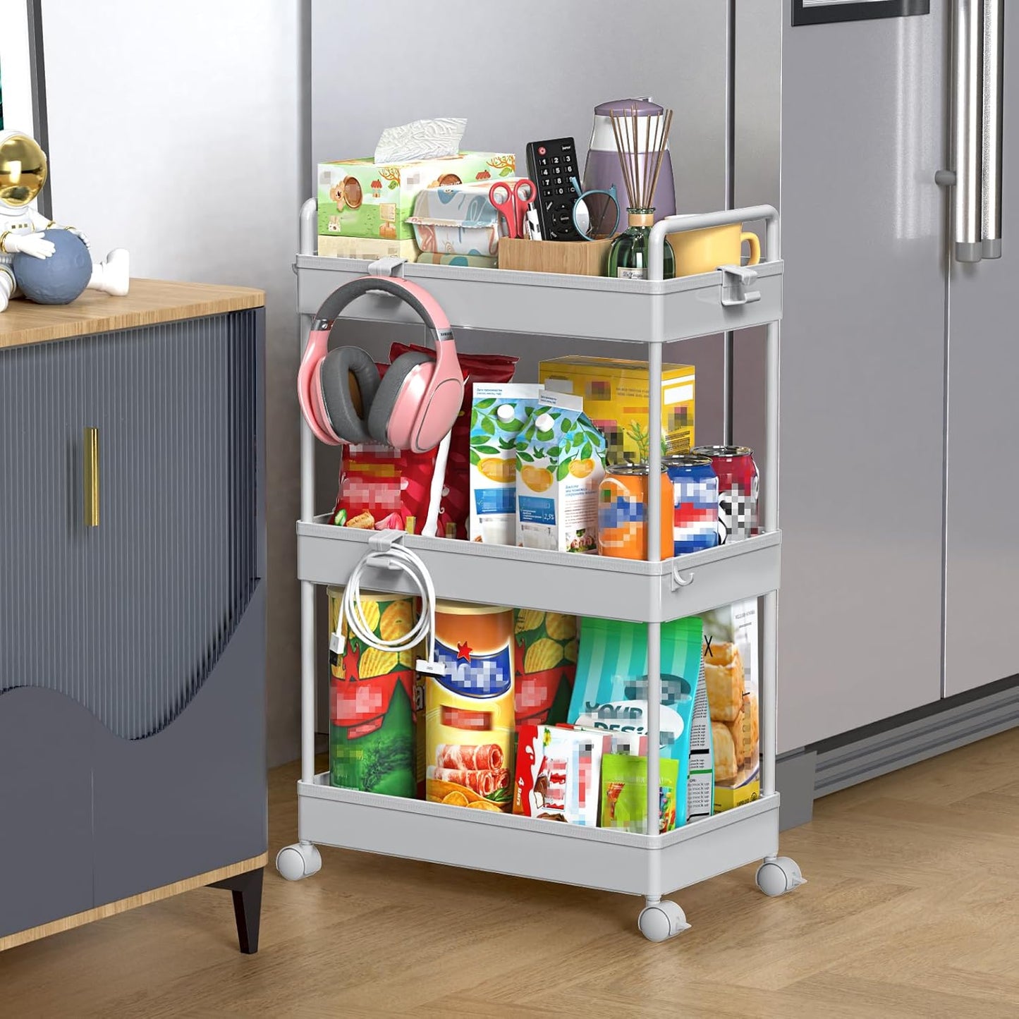 SOLEJAZZ 3 Tier Rolling Storage Cart with Wheels Slim Craft Nail Makeup Snack Art Baby Utility Cart Organizer on 2 Lockable Wheels for Bathroom Laundry Room Kitchen Bedside Narrow Spaces, Gray