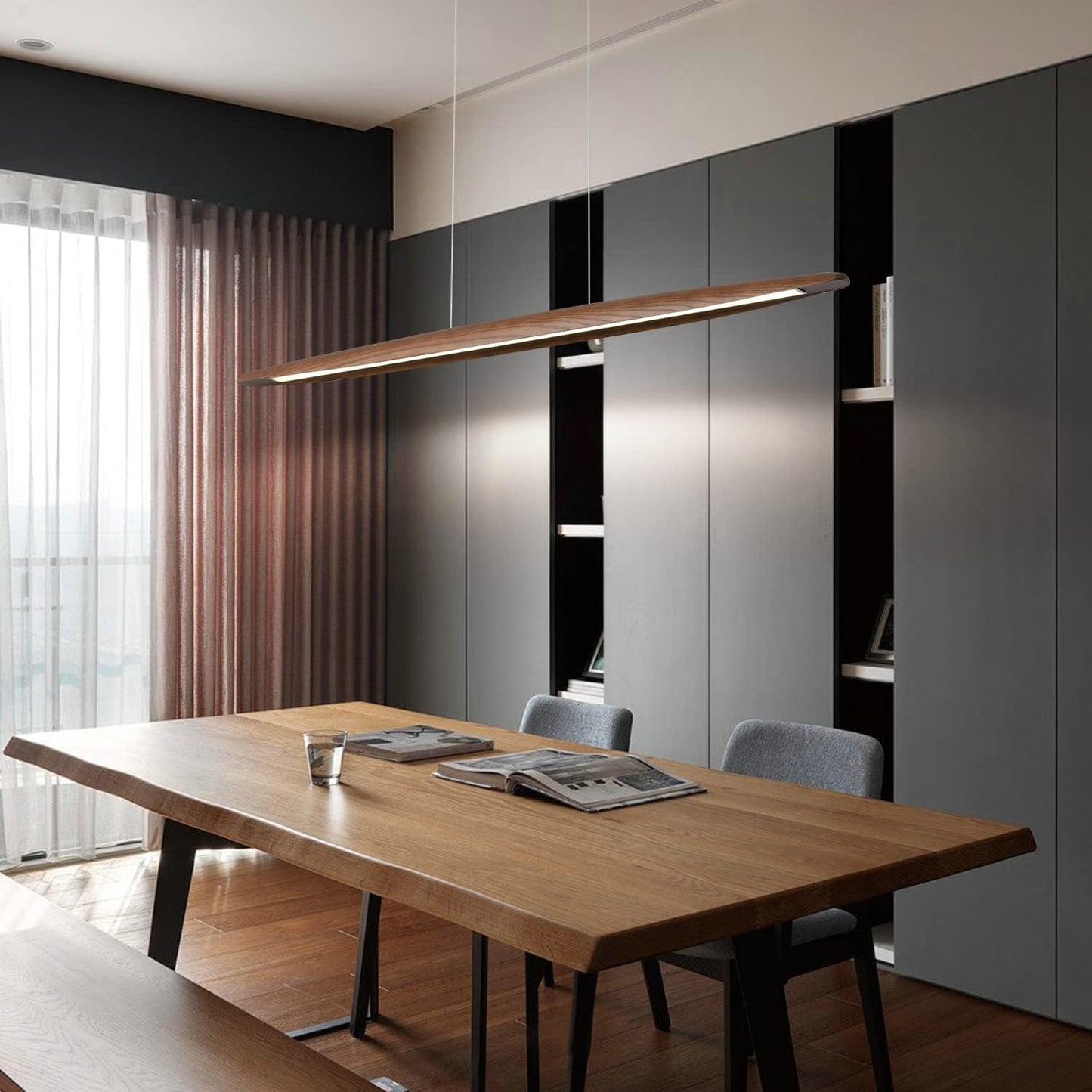 Wood Linear Pendant Hanging Light Fixture Minimalist Light Linear Chandelier Wood Kitchen Island Lighting 40w Dimmable for Dining Room Dining Table Living Room Pool Table Walnut Color