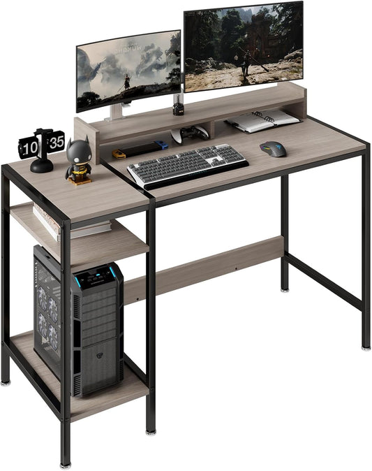 Computer Desk Gaming Desk with Monitor Stand, Home Office Desk Suitable for 2 Monitors, Writing Desk with Adjustable Storage Space,Sturdy and Durable Modern Small Desk (Grey, 47 inchs)