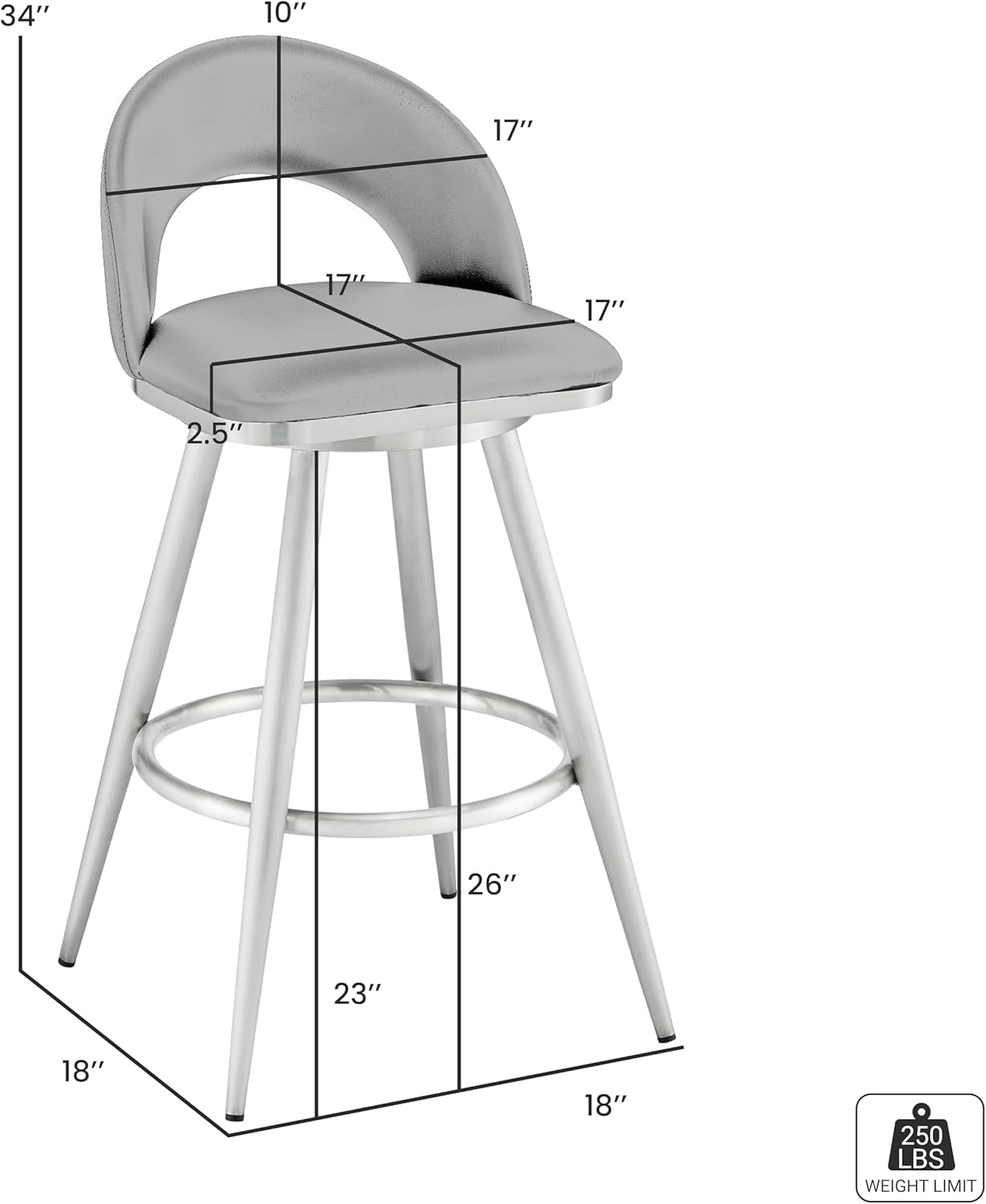 Armen Living Charlotte Swivel Counter Stool in Black Metal and Brown Faux Leather