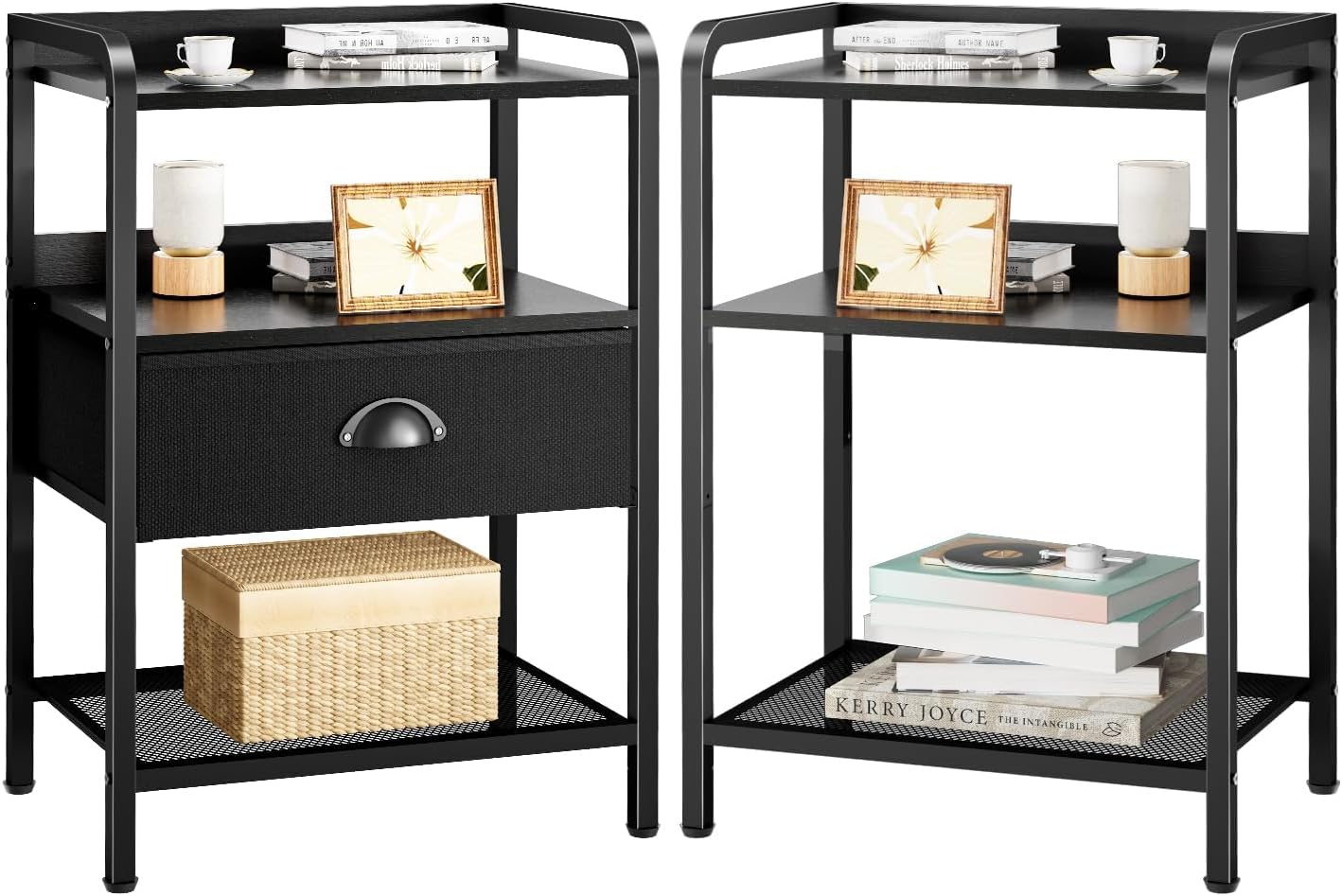 Night Stand Nightstand with 1 Drawer Black Nightstands Storage Night Stands Fabric Drawers Small Bedside Table Mesh Shelves Bed Side End Tables Chests Cabinet for Bedroom Living Room Dorm Furniture