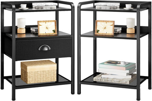 Night Stand Nightstand with 1 Drawer Black Nightstands Storage Night Stands Fabric Drawers Small Bedside Table Mesh Shelves Bed Side End Tables Chests Cabinet for Bedroom Living Room Dorm Furniture